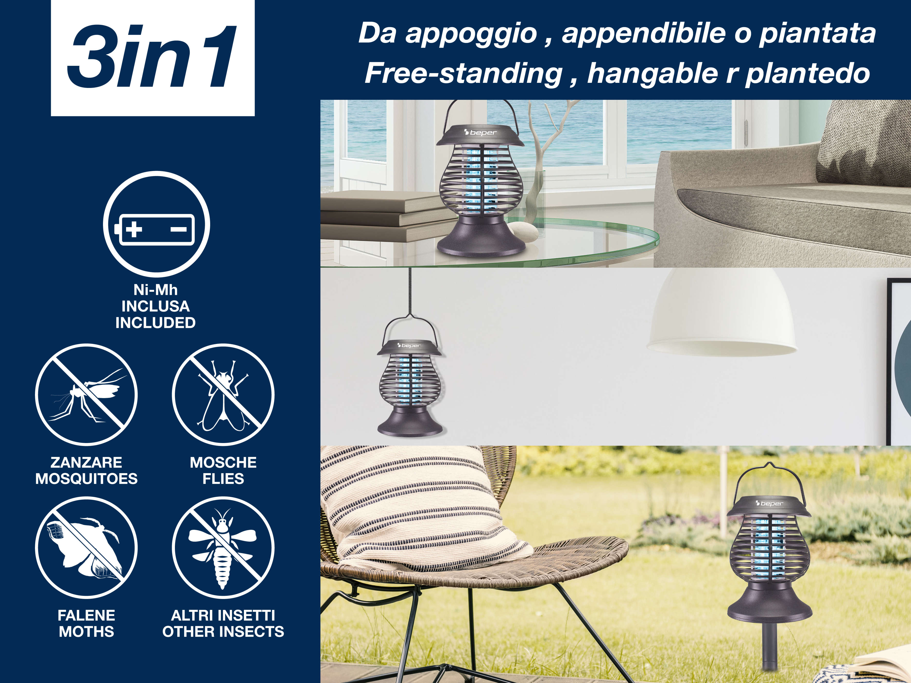 Un insetticida con luce blu, mostrato da appoggio, appeso o piantato.