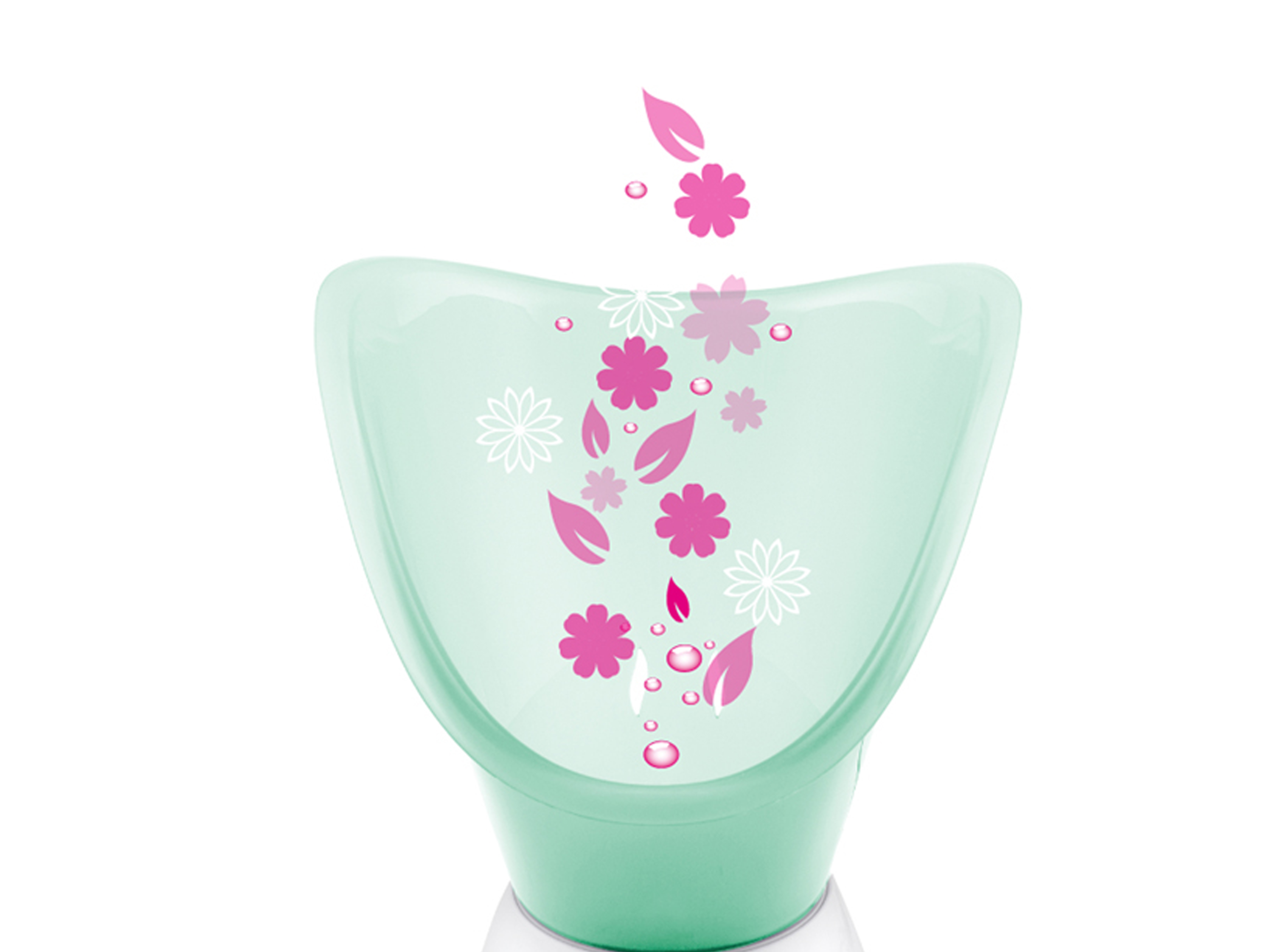 Un contenitore verde chiaro decorato con fiori e foglie rosa e bianchi.
