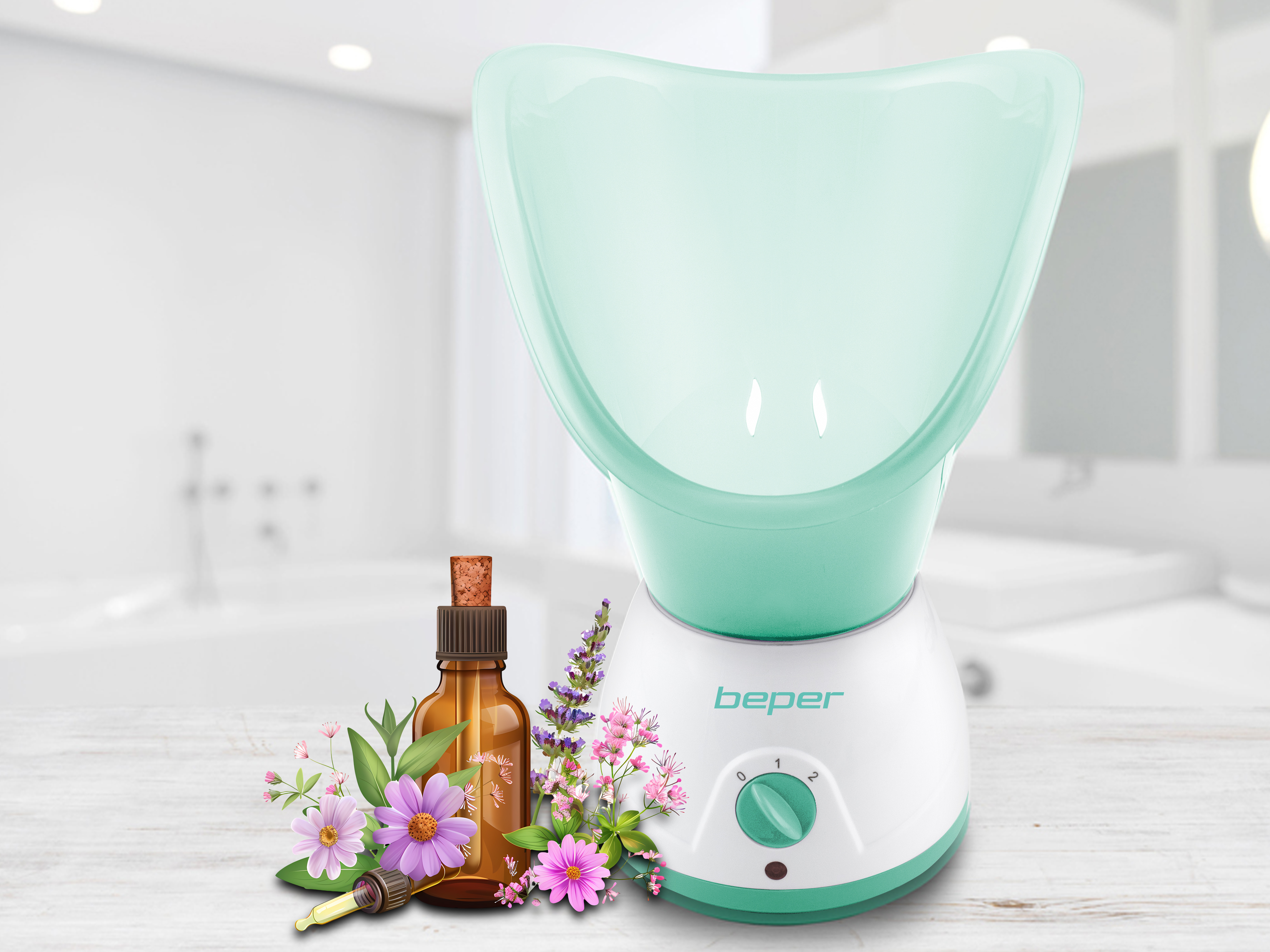 Un vaporizzatore per il viso con olio essenziale e fiori su un tavolo di legno.