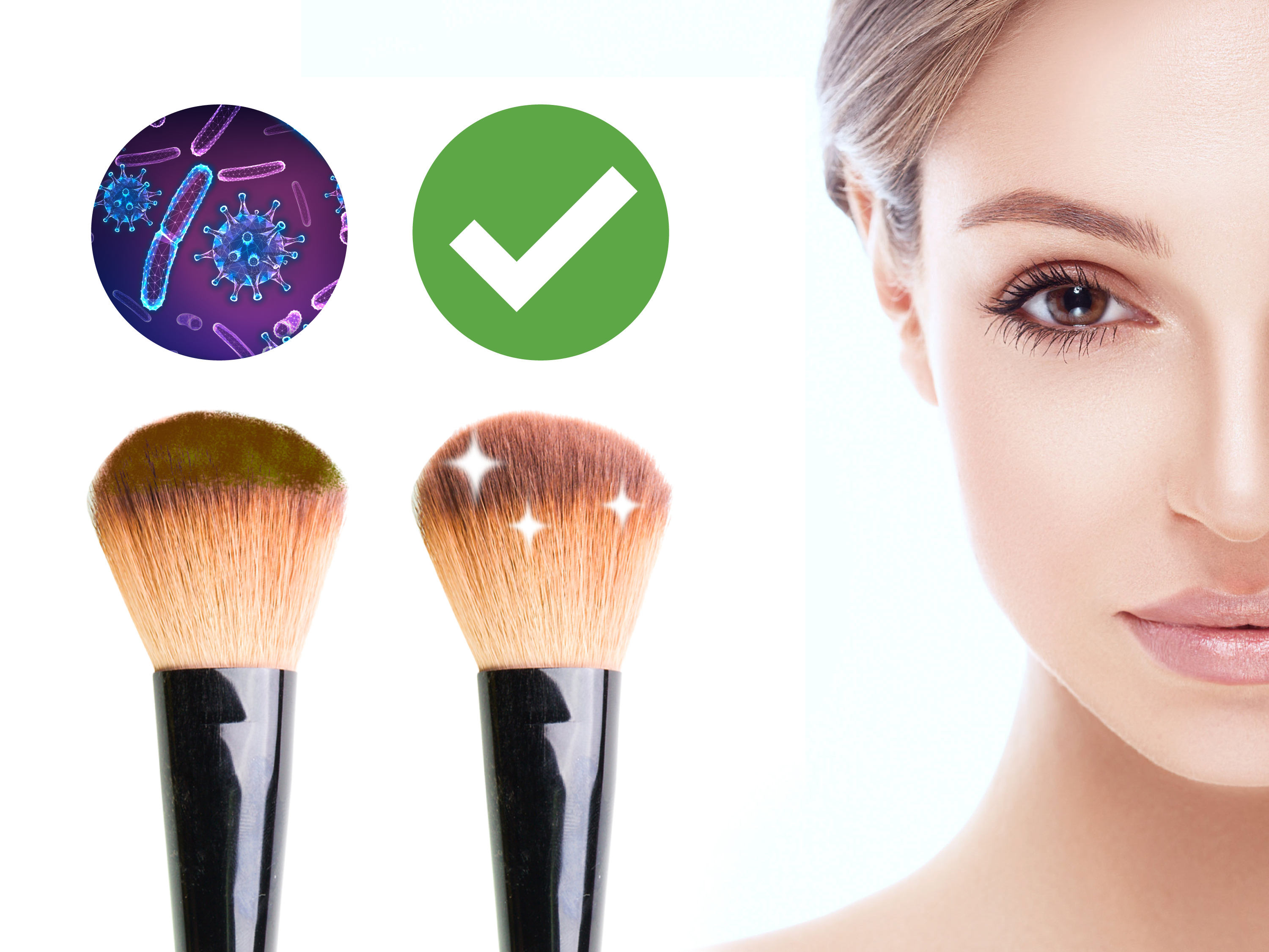 Confronto prima e dopo di pennelli per trucco con batteri e segno di spunta.