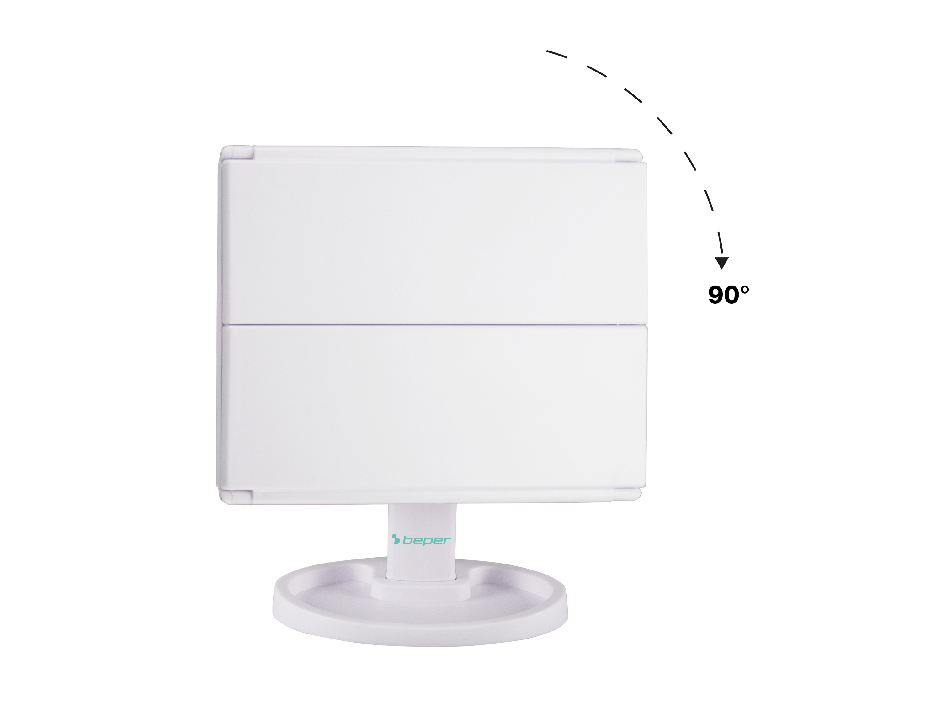 Uno specchio rettangolare bianco con supporto girevole e indicatore di 90 gradi.