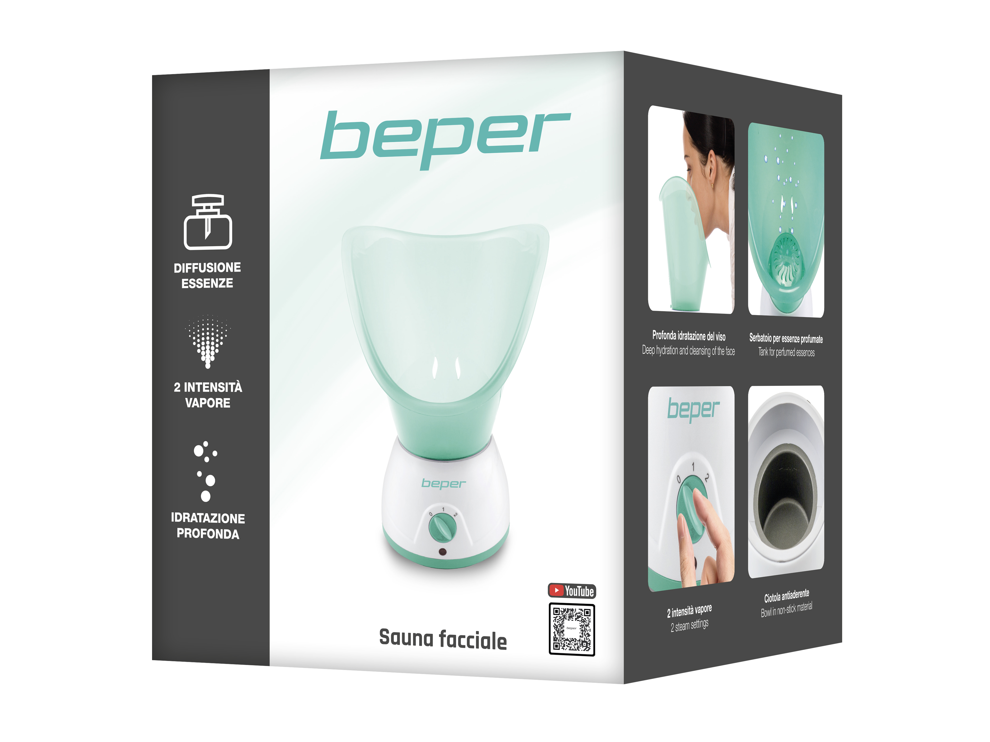 Sauna facciale Beper con 2 intensità vapore e serbatoio essenze.