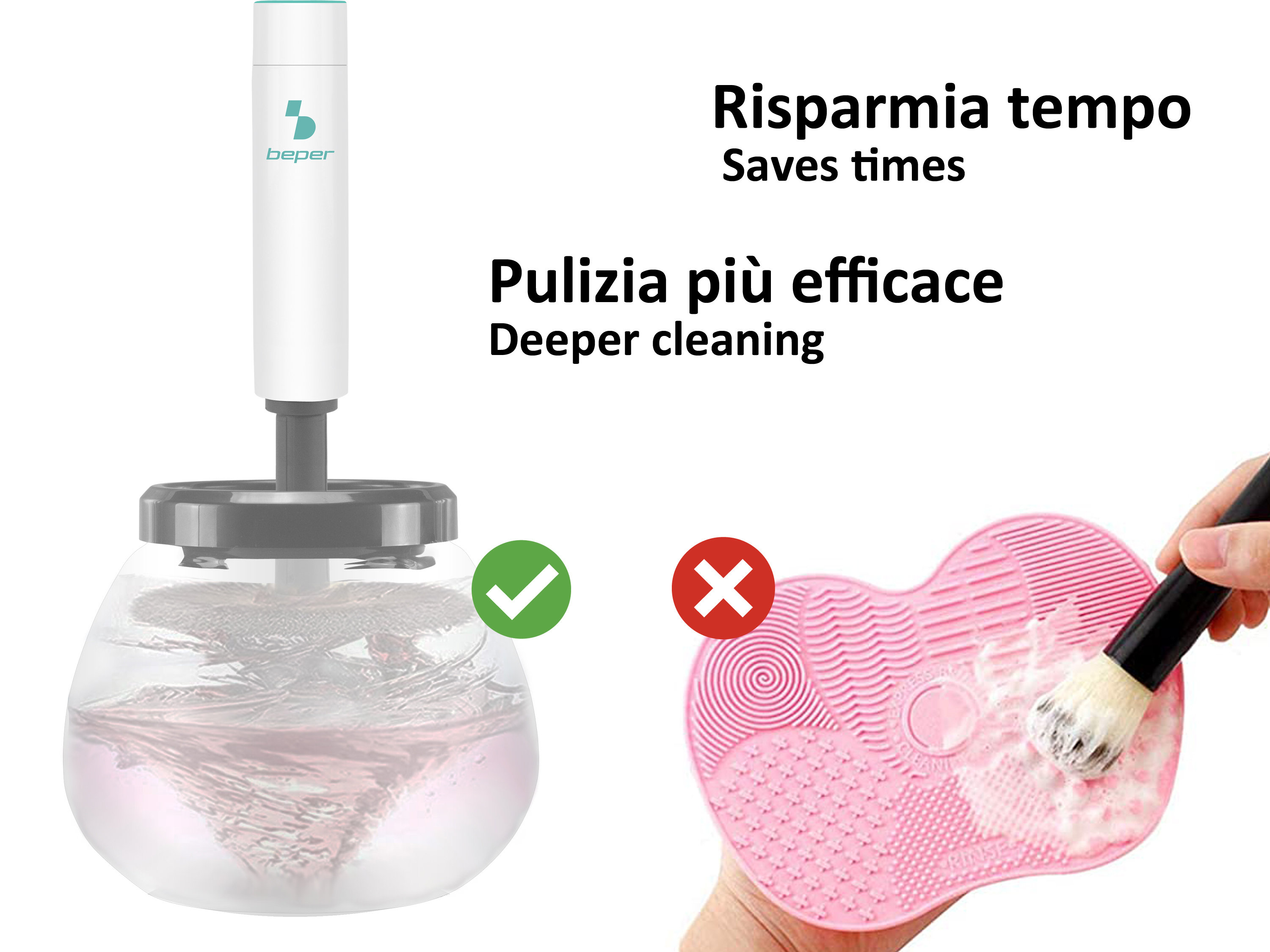 Pulitore elettrico per pennelli trucco con ciotola in vetro e tappetino rosa.