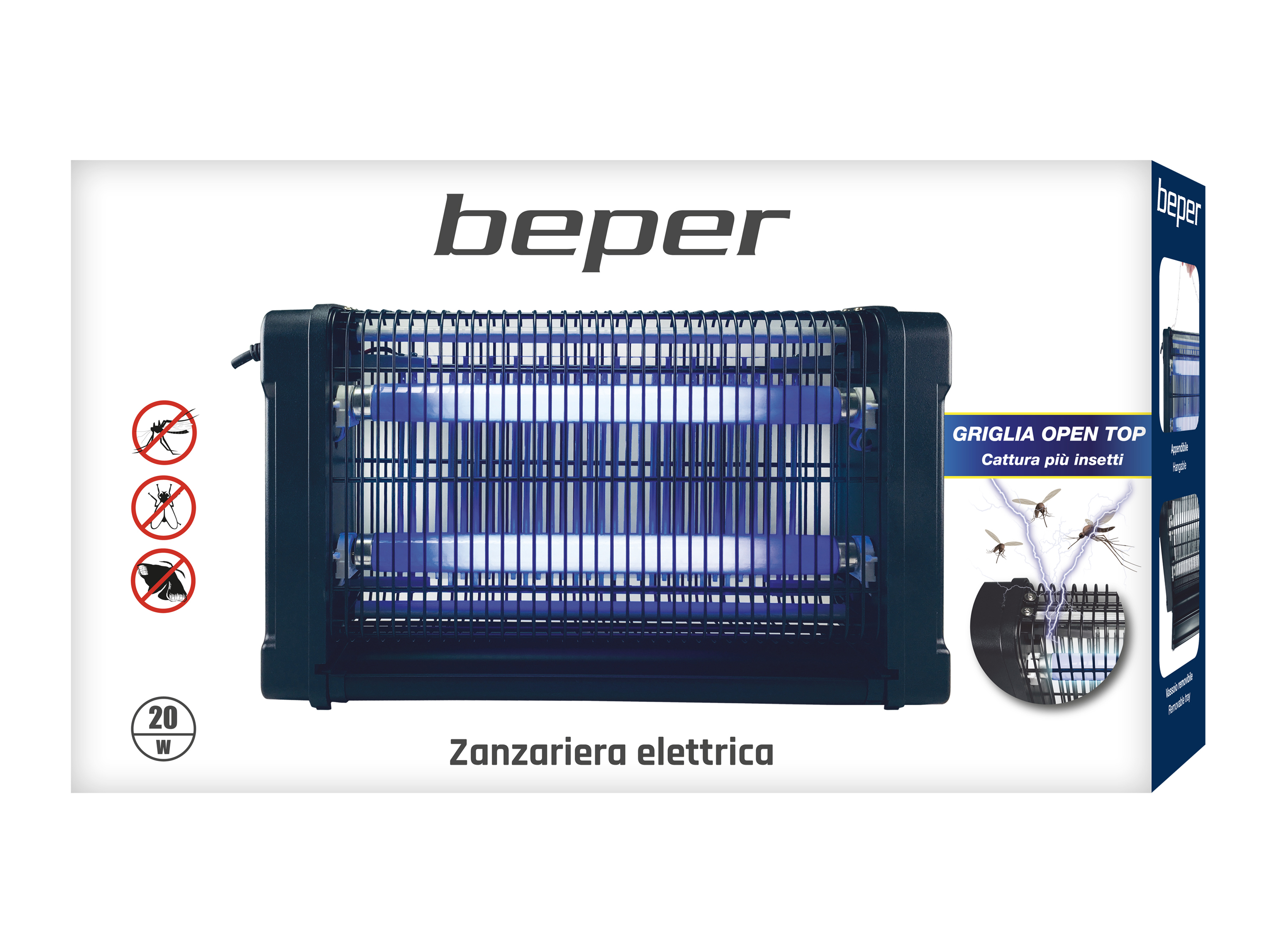 Un'elettroutensile per insetti con luci UV blu e logo Beper.