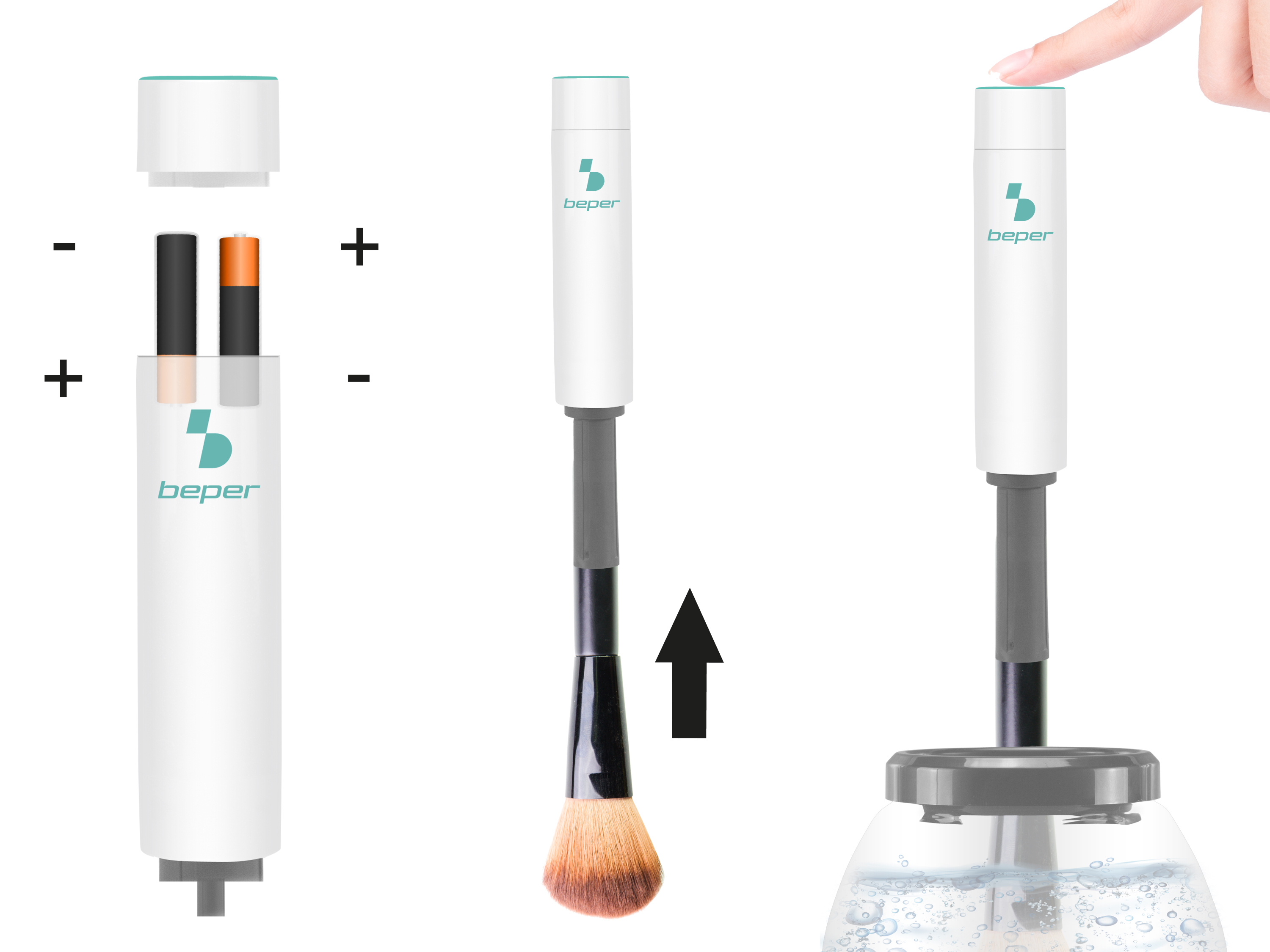 Un pulisci pennelli trucco con batterie, pennello e contenitore.