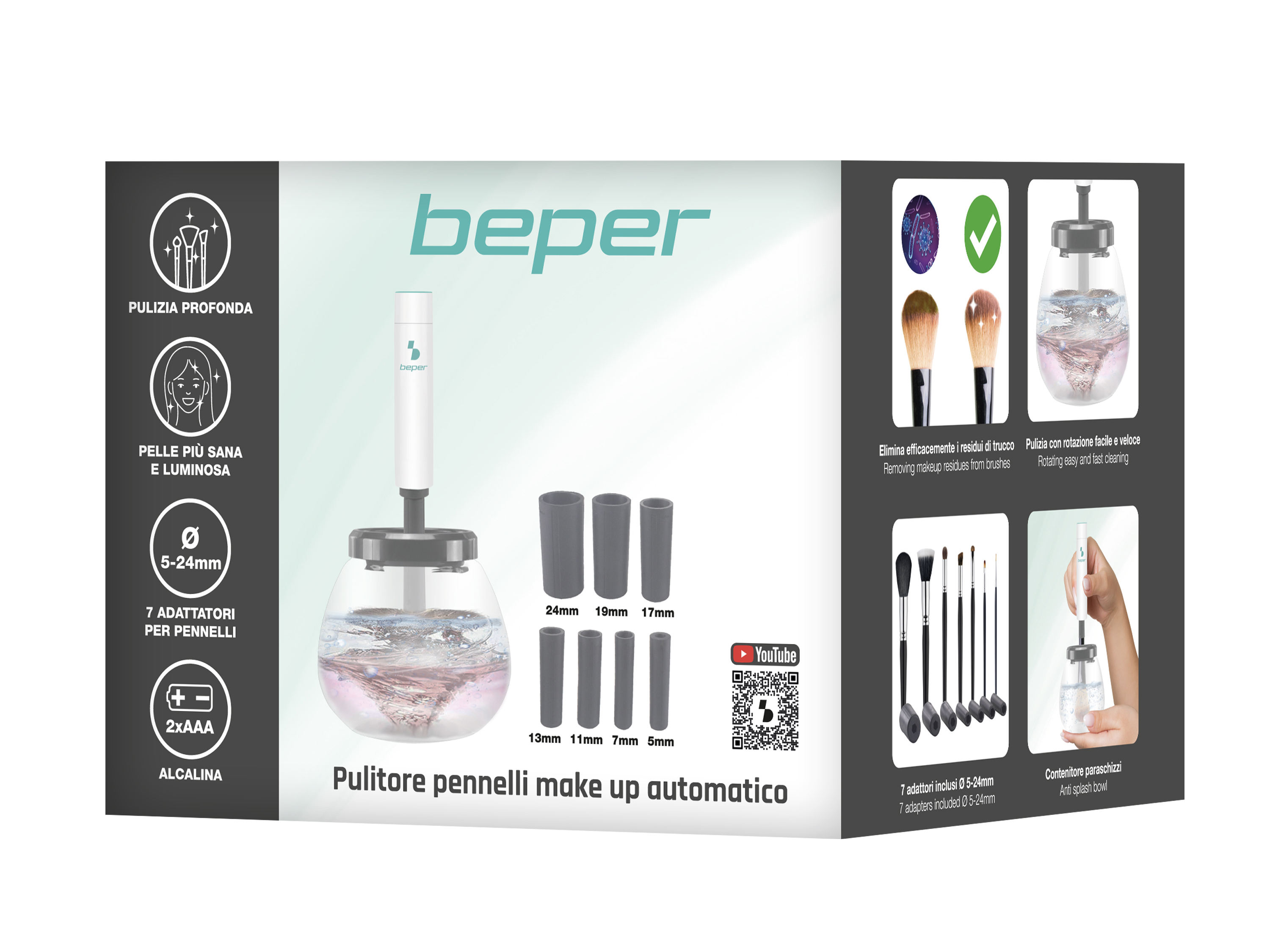 Pulitore automatico per pennelli trucco con vari adattatori e ciotola anti-schizzo.
