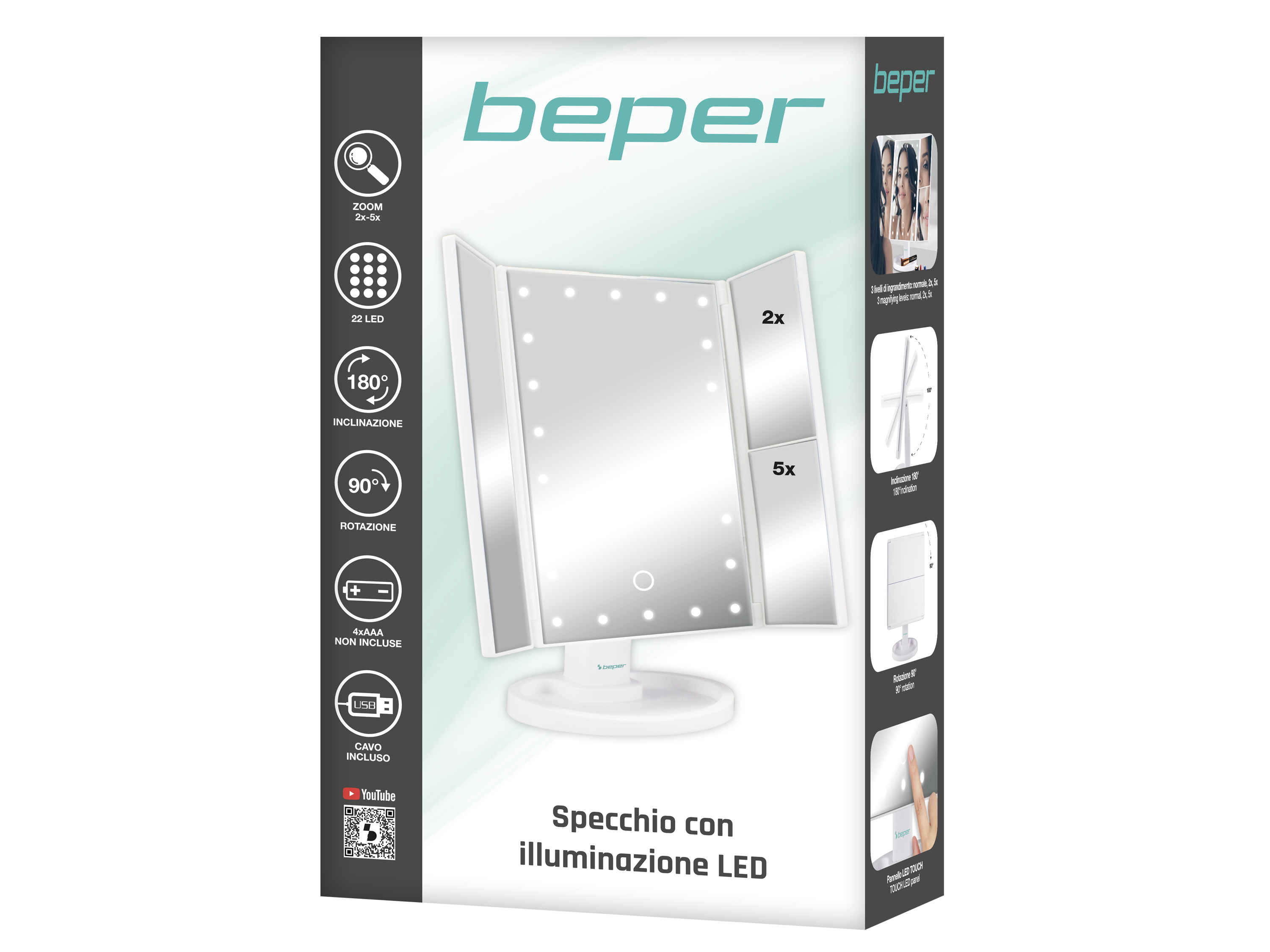 Uno specchio cosmetico bianco con luci LED, con ingrandimento 2x e 5x.