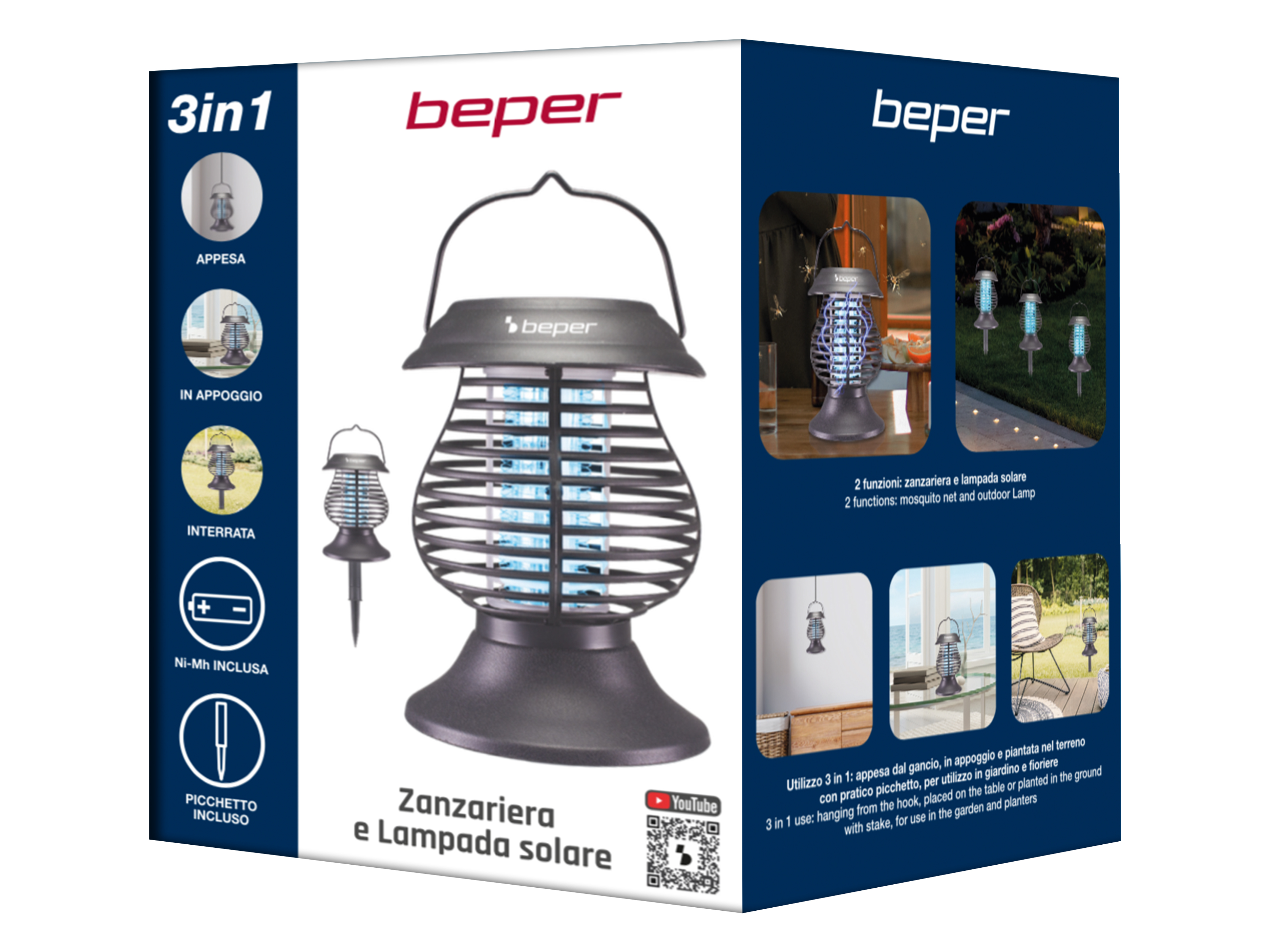 Confezione di una lampada solare antizanzare 3 in 1 con diversi utilizzi.