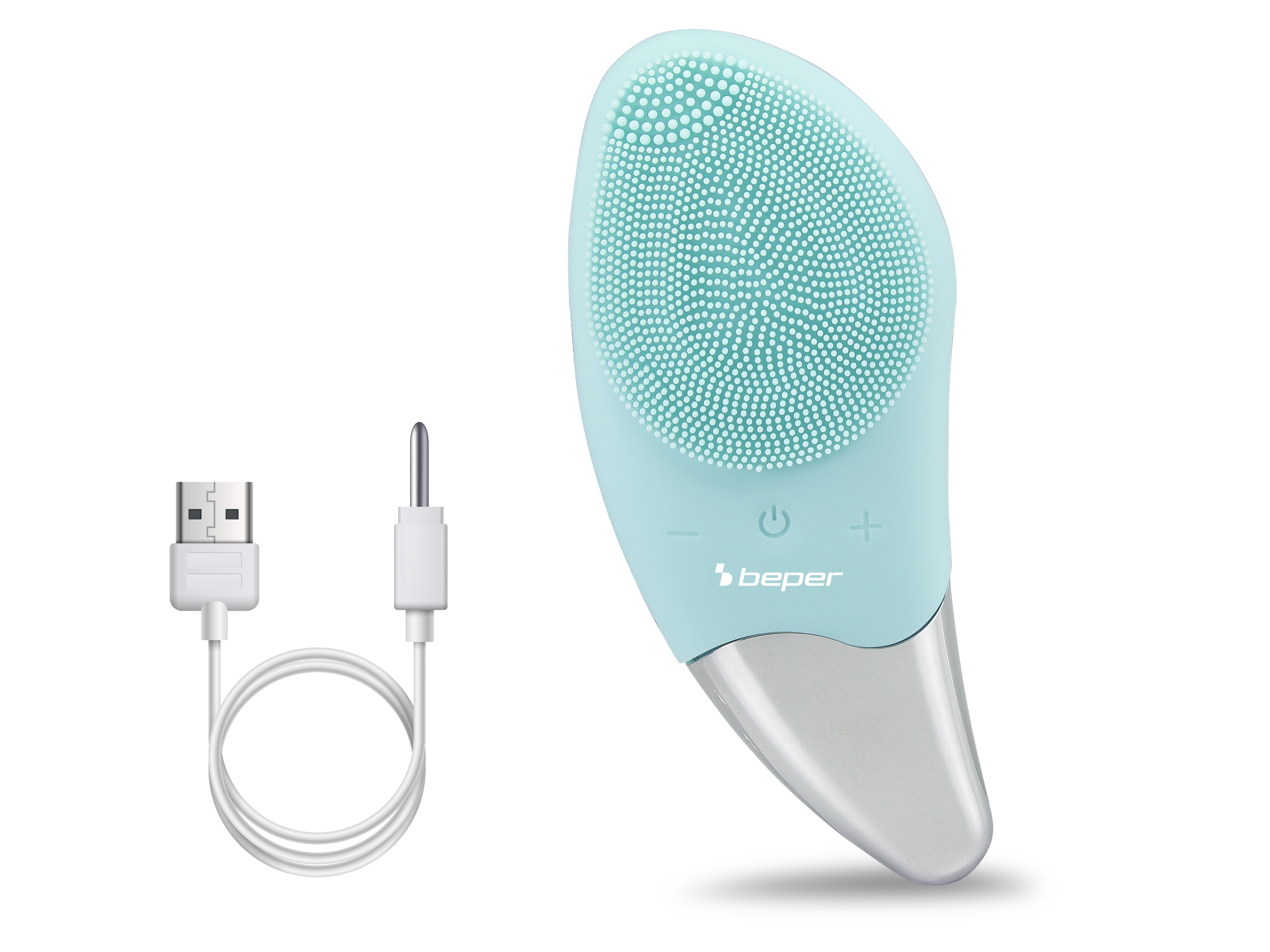 Un dispositivo per la pulizia del viso in silicone turchese con cavo di ricarica USB.