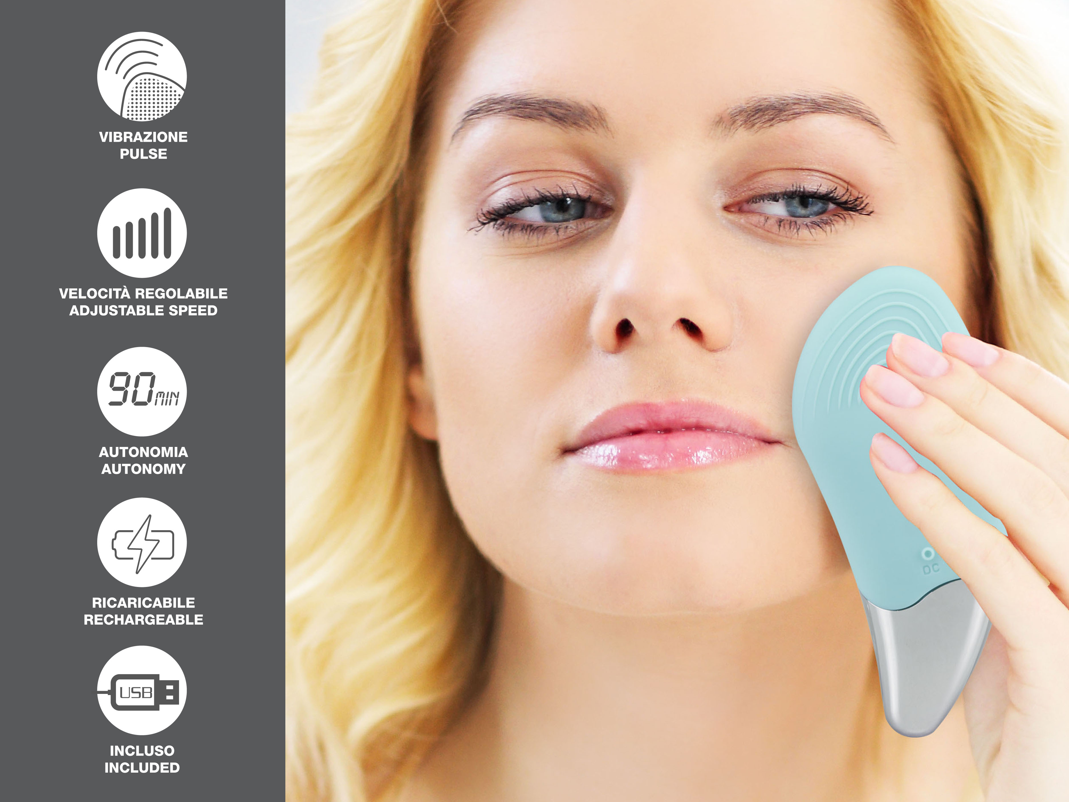 Una donna usa un dispositivo blu per la cura della pelle. Icone di impulsi, velocità, batteria e USB a sinistra.