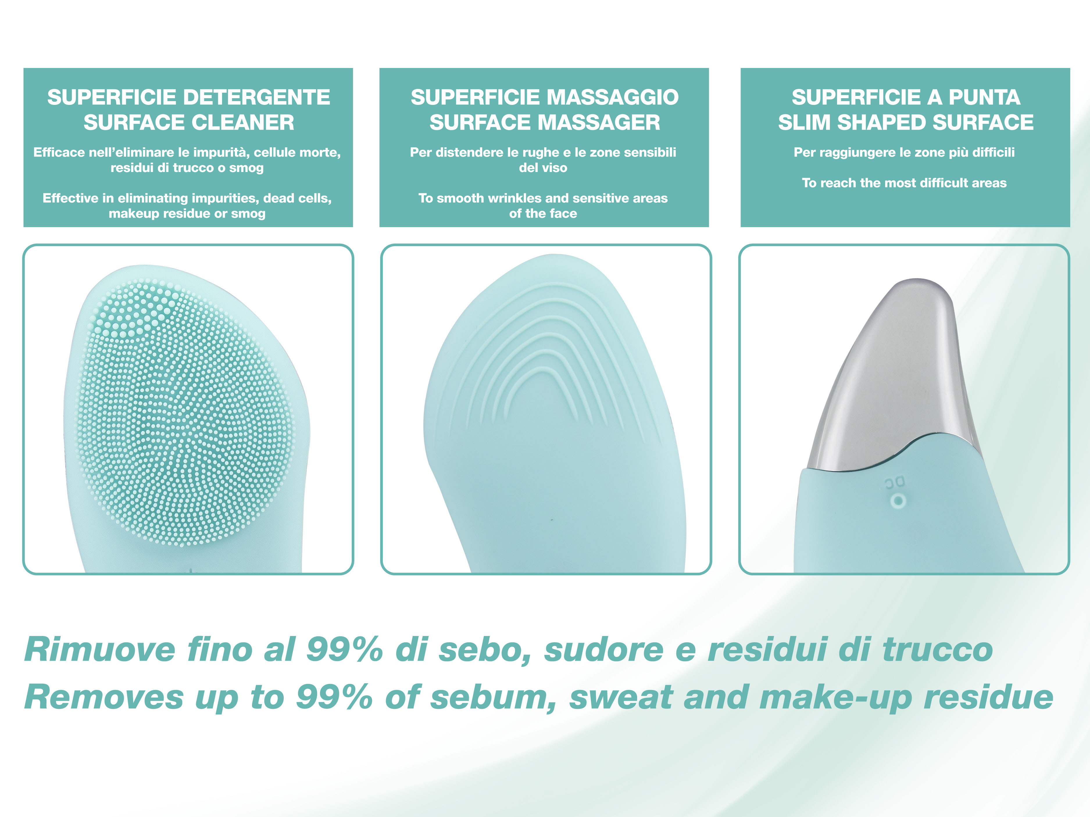 Dispositivo per la pulizia del viso azzurro con tre superfici distinte per pulizia e massaggio.