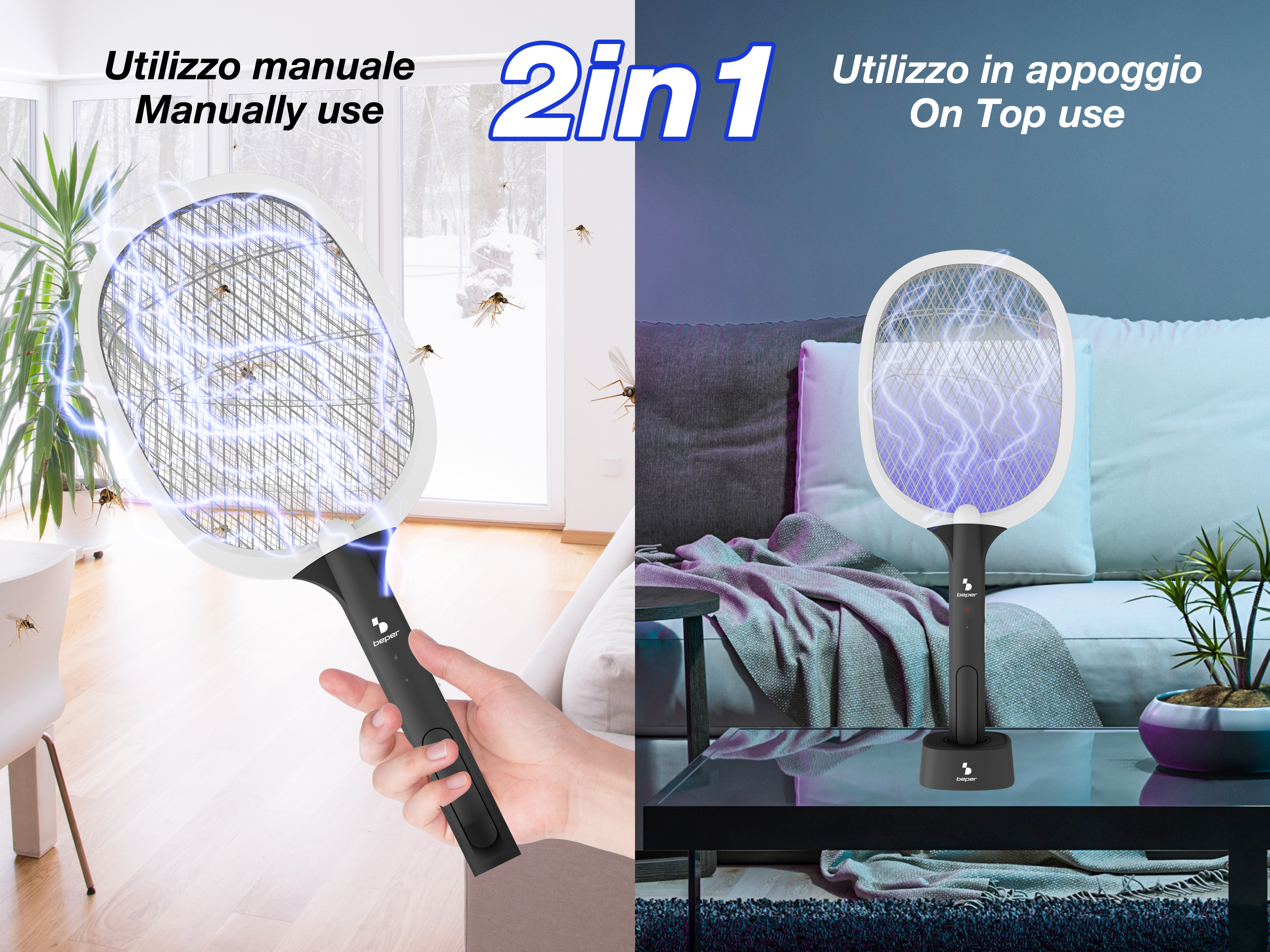 Un insetticida a forma di racchetta con luce blu in due modalità.