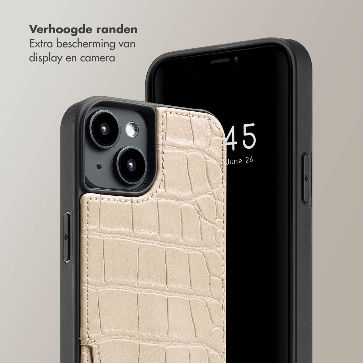 Een beige krokodillenleren telefoonhoes met verhoogde randen bedekt telefoon.