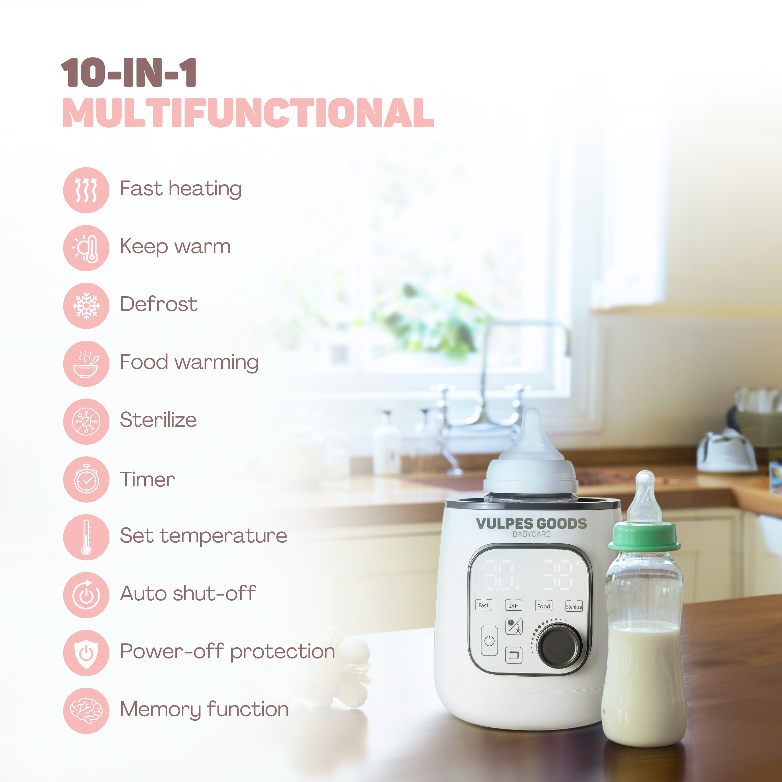 Ein weißer Babyflaschenwärmer mit mehreren Funktionen und einer Flasche Milch daneben.