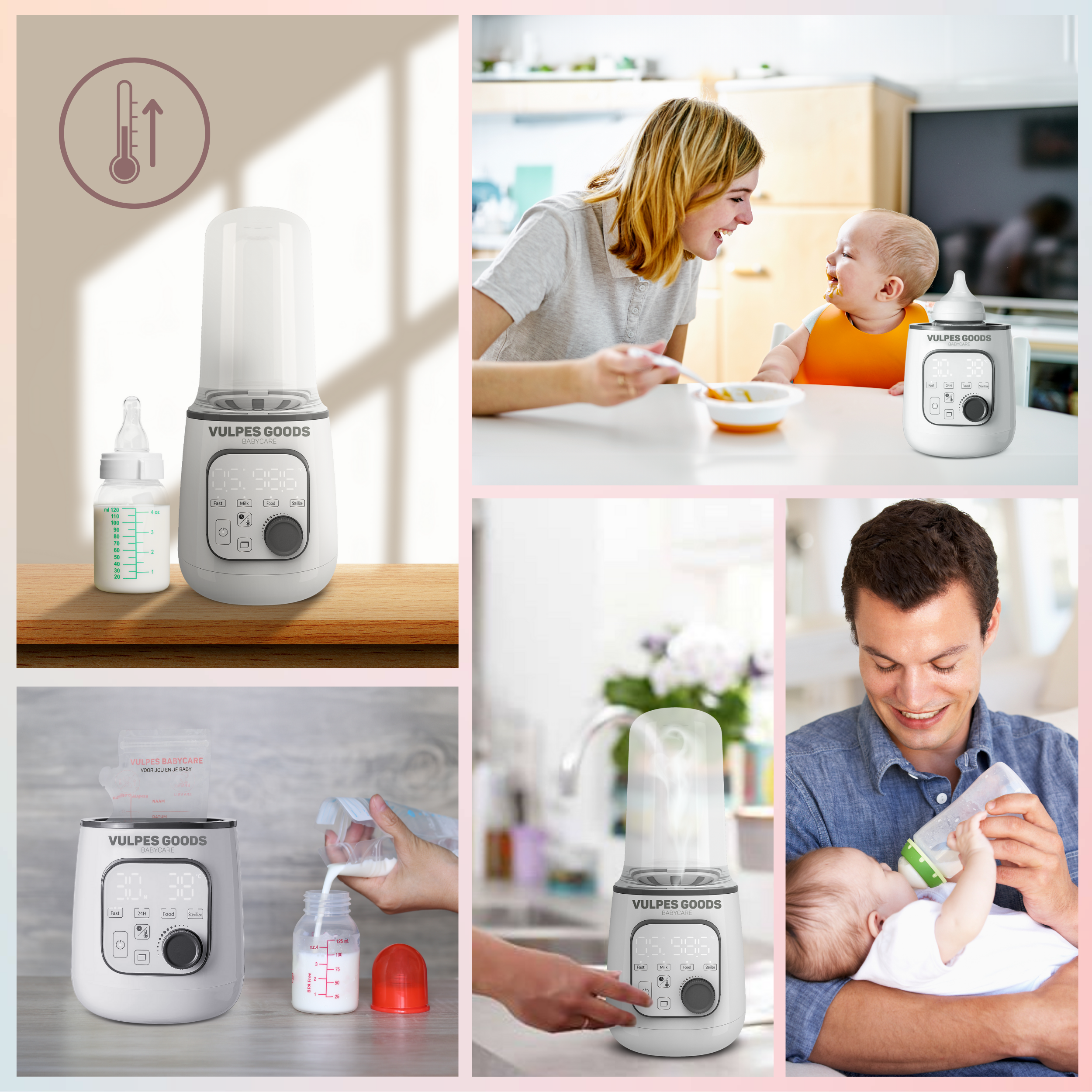Ein Babyflaschenwärmer mit Baby und Eltern in verschiedenen Szenarien.