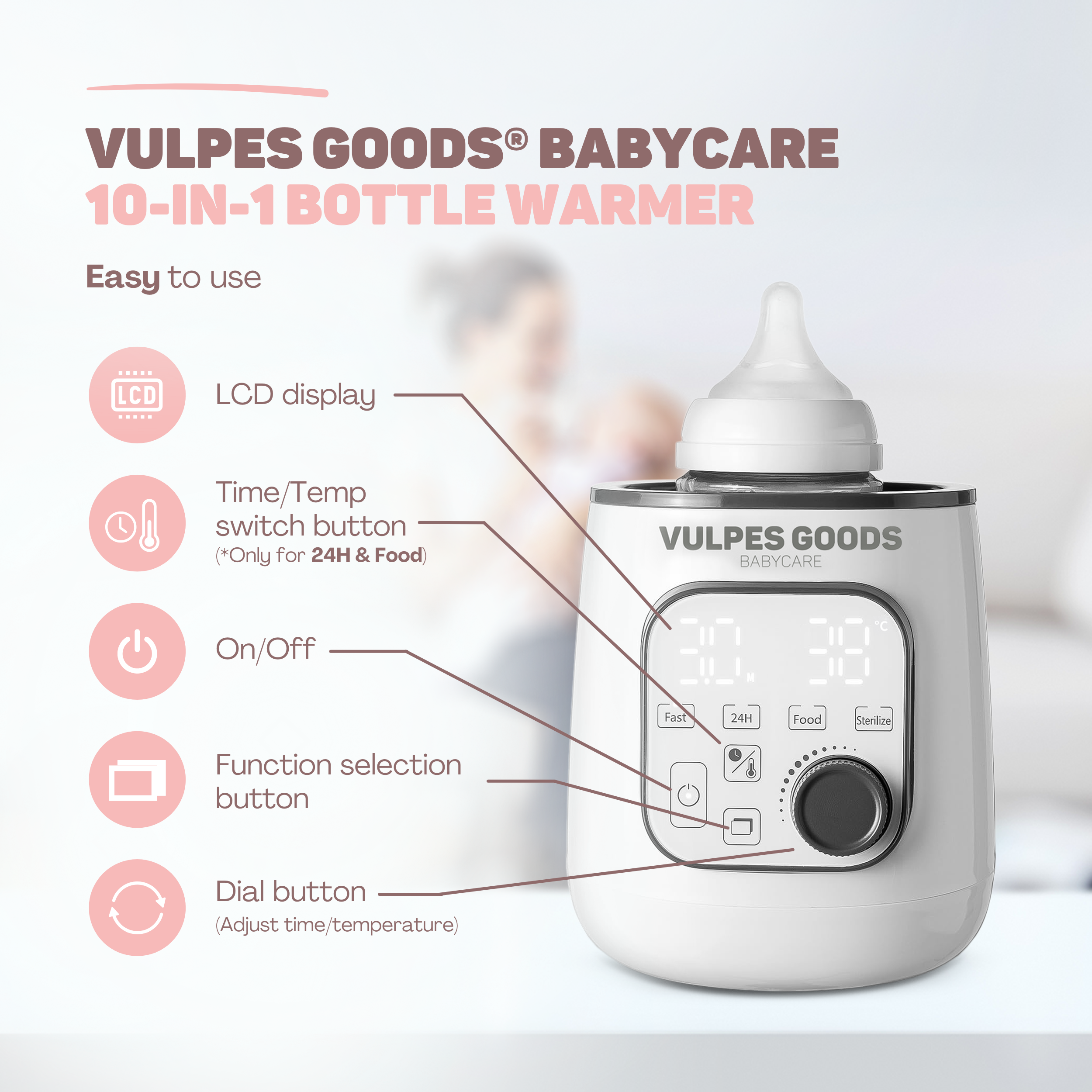 Ein weißer Flaschenwärmer von Vulpes Goods mit LCD-Anzeige und Bedienelementen.