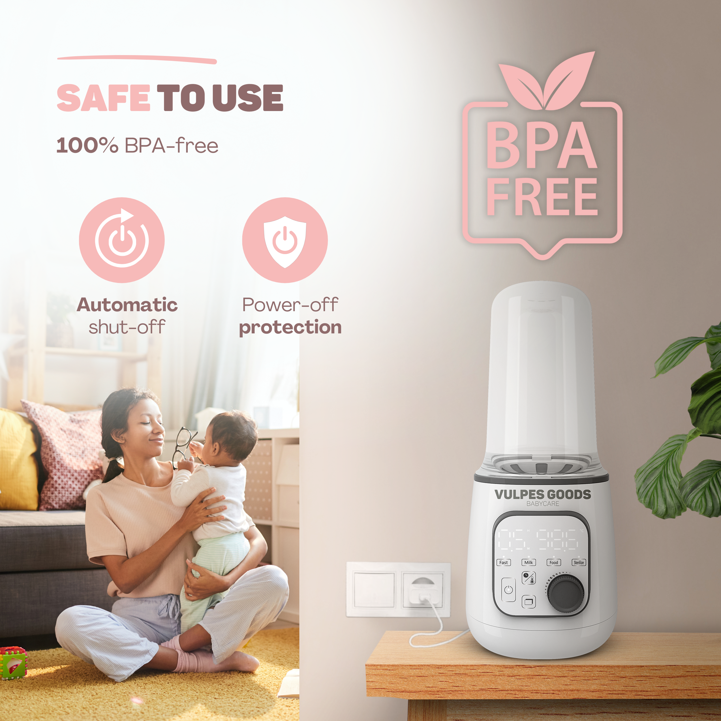 Mutter hält Baby, Babyflaschenwärmer mit BPA-freiem Logo und Symbolen.