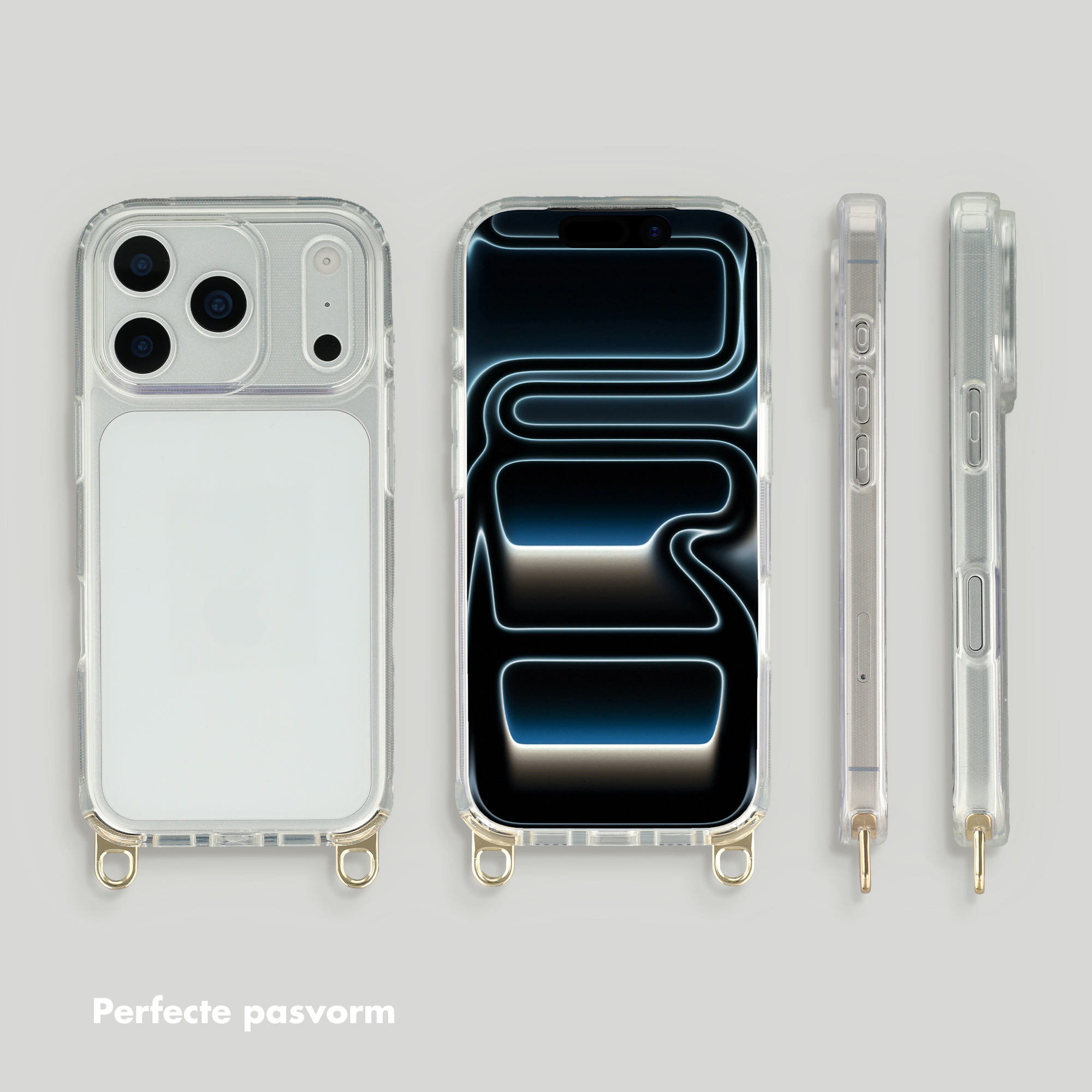 Una cover trasparente per telefono con ritaglio fotocamera e anelli dorati.