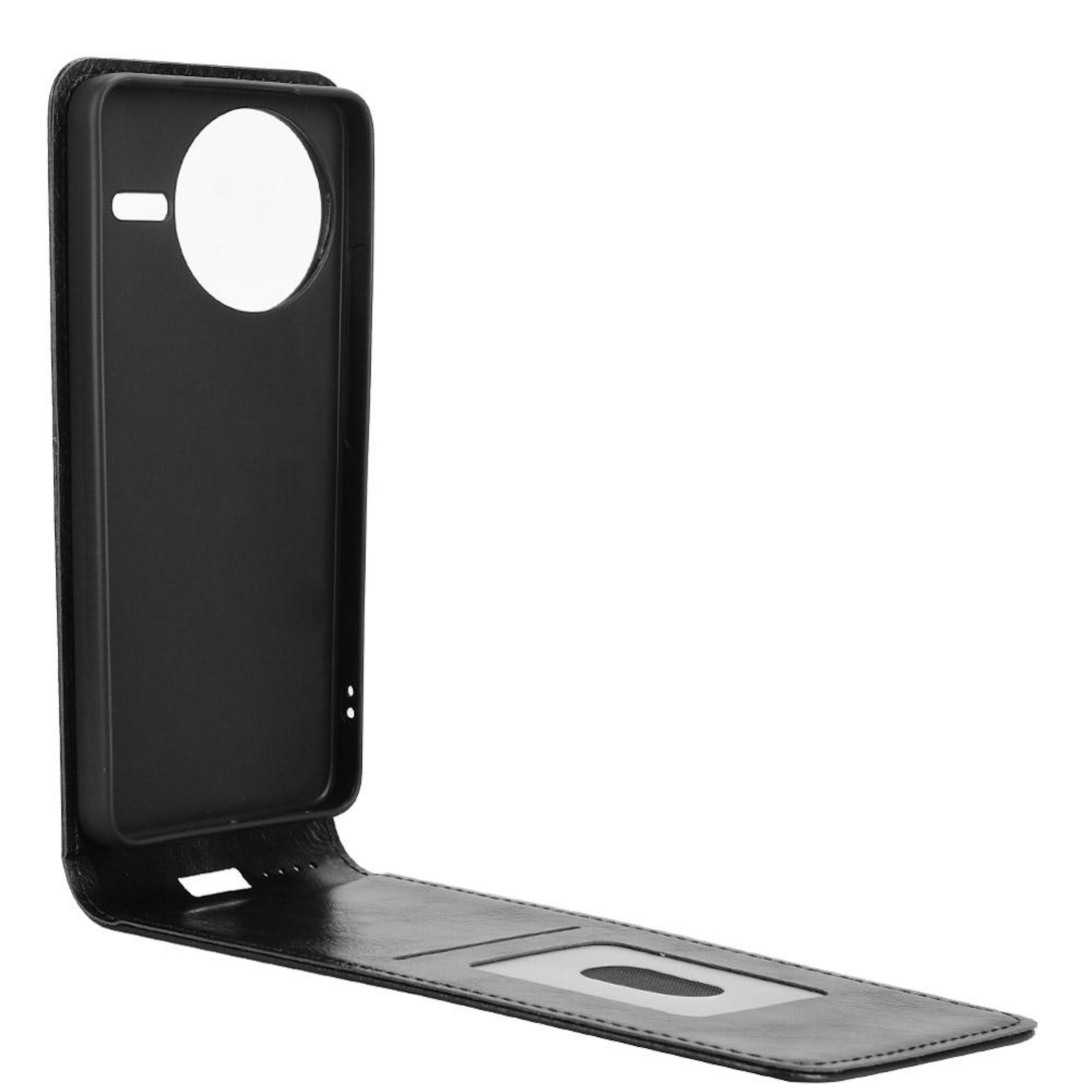 Schwarzes Leder-Flip-Handyhülle mit Kartensteckplatz und Aussparungen.