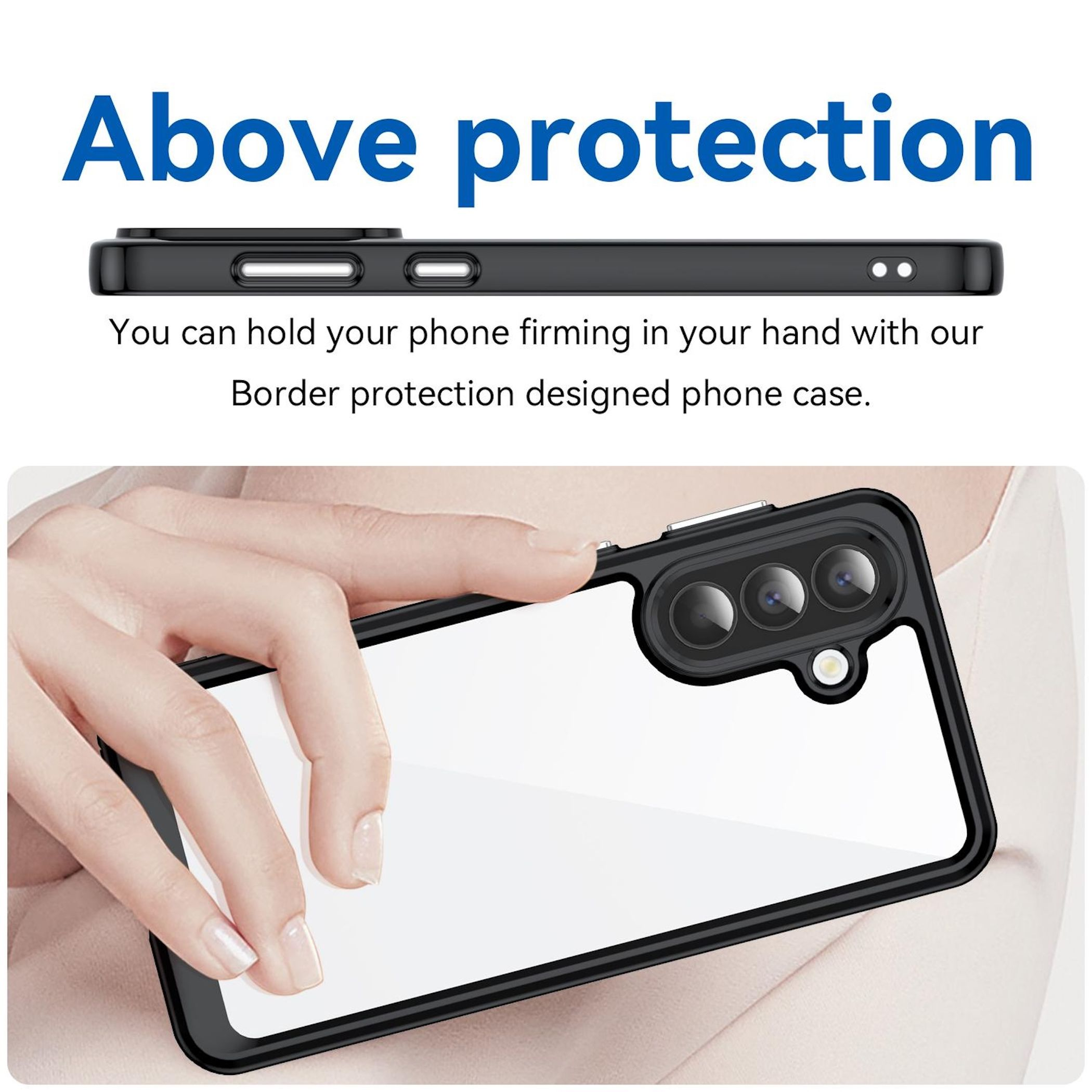 Eine Hand hält ein Smartphone mit einer schwarzen Hülle, die die Kamera schützt.