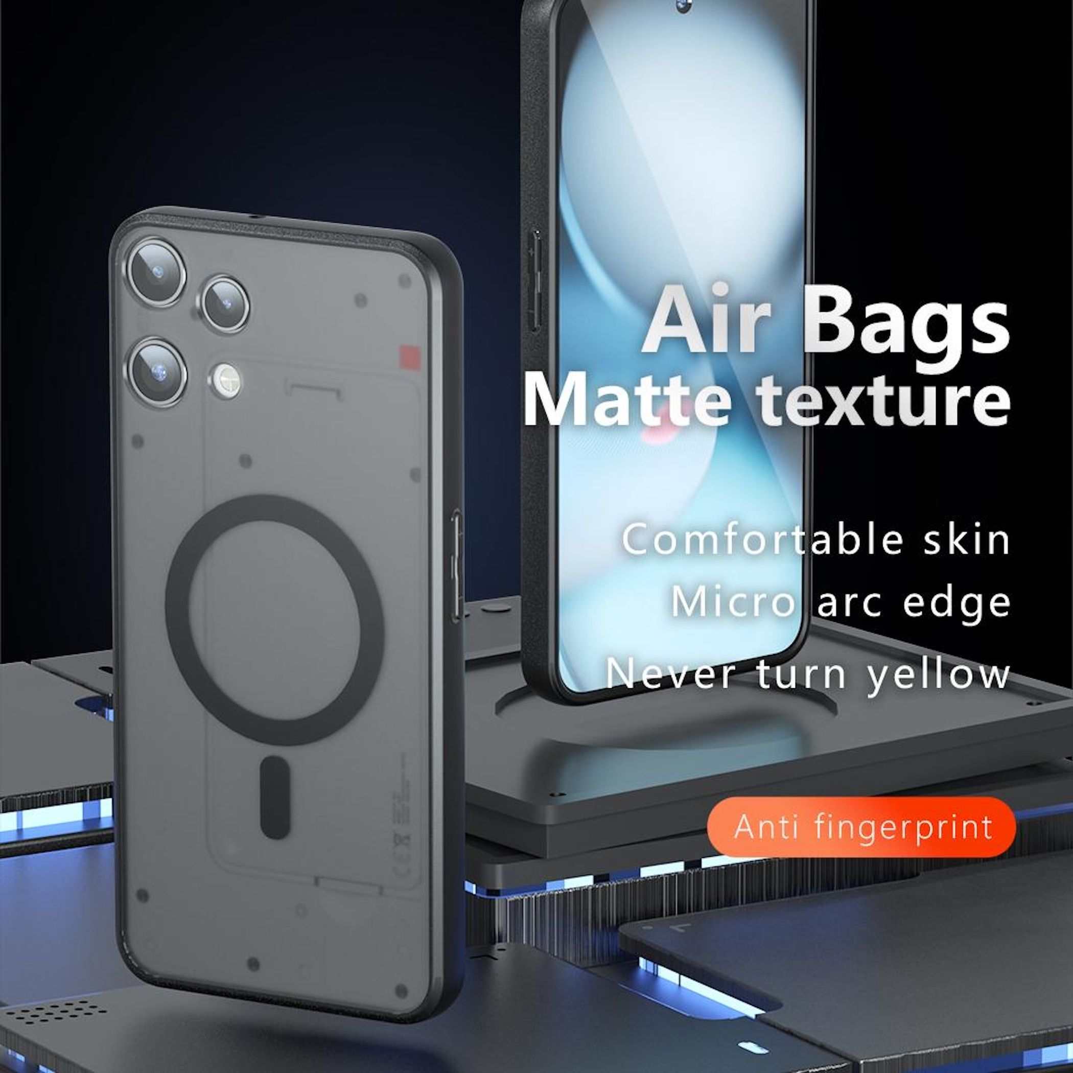 Transparente Handyhülle mit sichtbaren Kameras und einem magnetischen Ring.