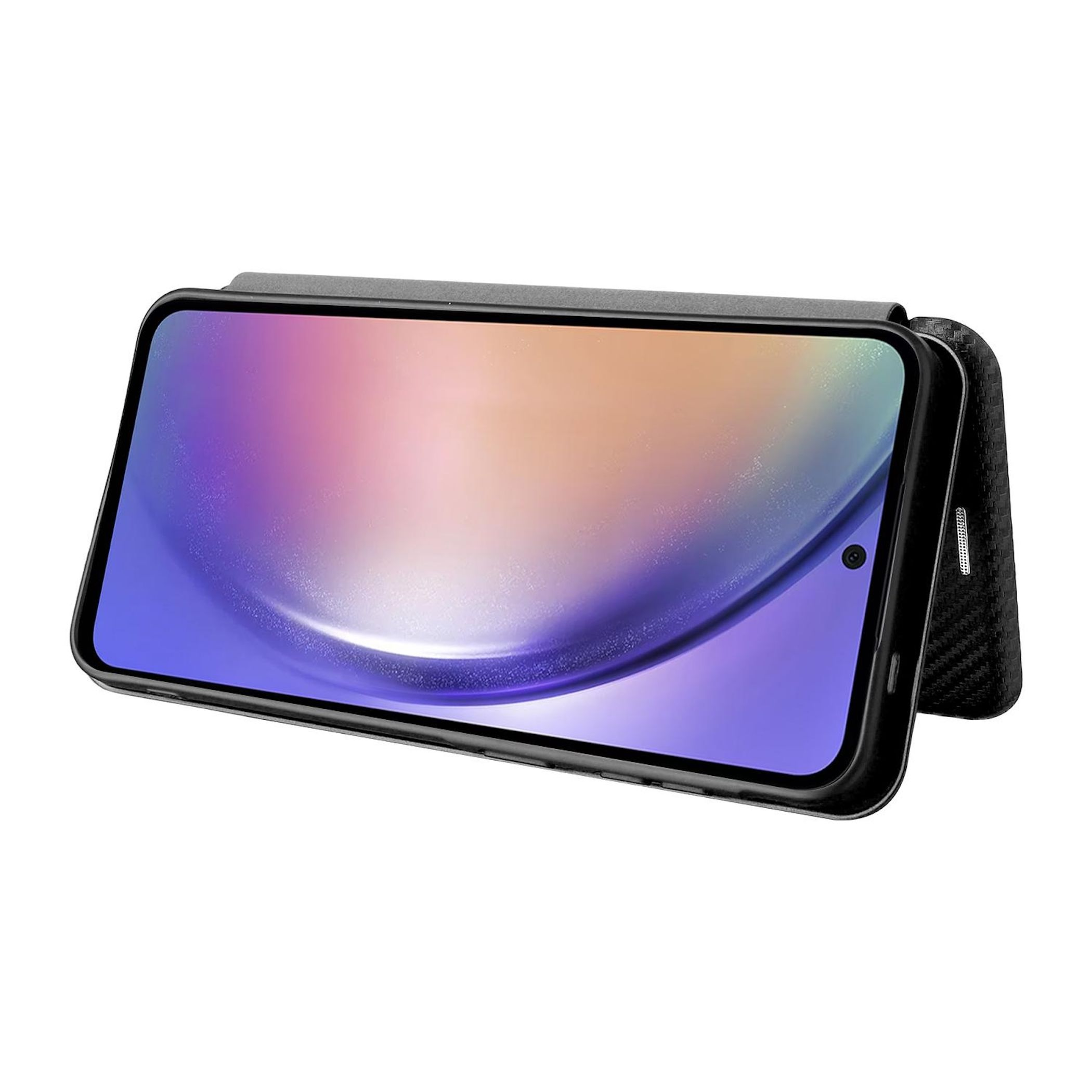 Ein schwarzes Smartphone mit buntem Bildschirm, das in einer Hülle steht.