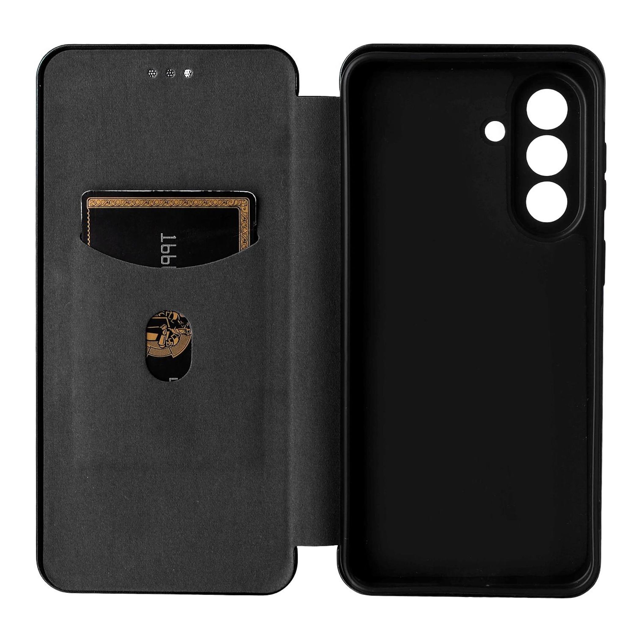 Ein schwarzes Handycover mit einer Klappe, die eine Karte und ein Siegel hält.