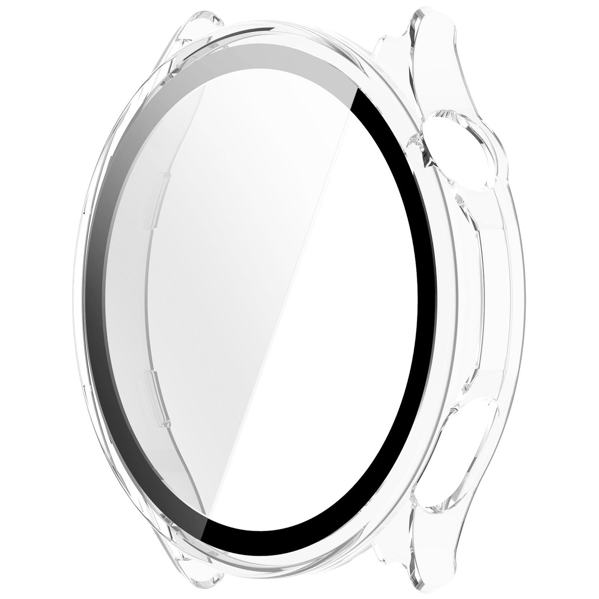 Custodia trasparente in plastica per orologio con bordo nero e supporti per cinturino.