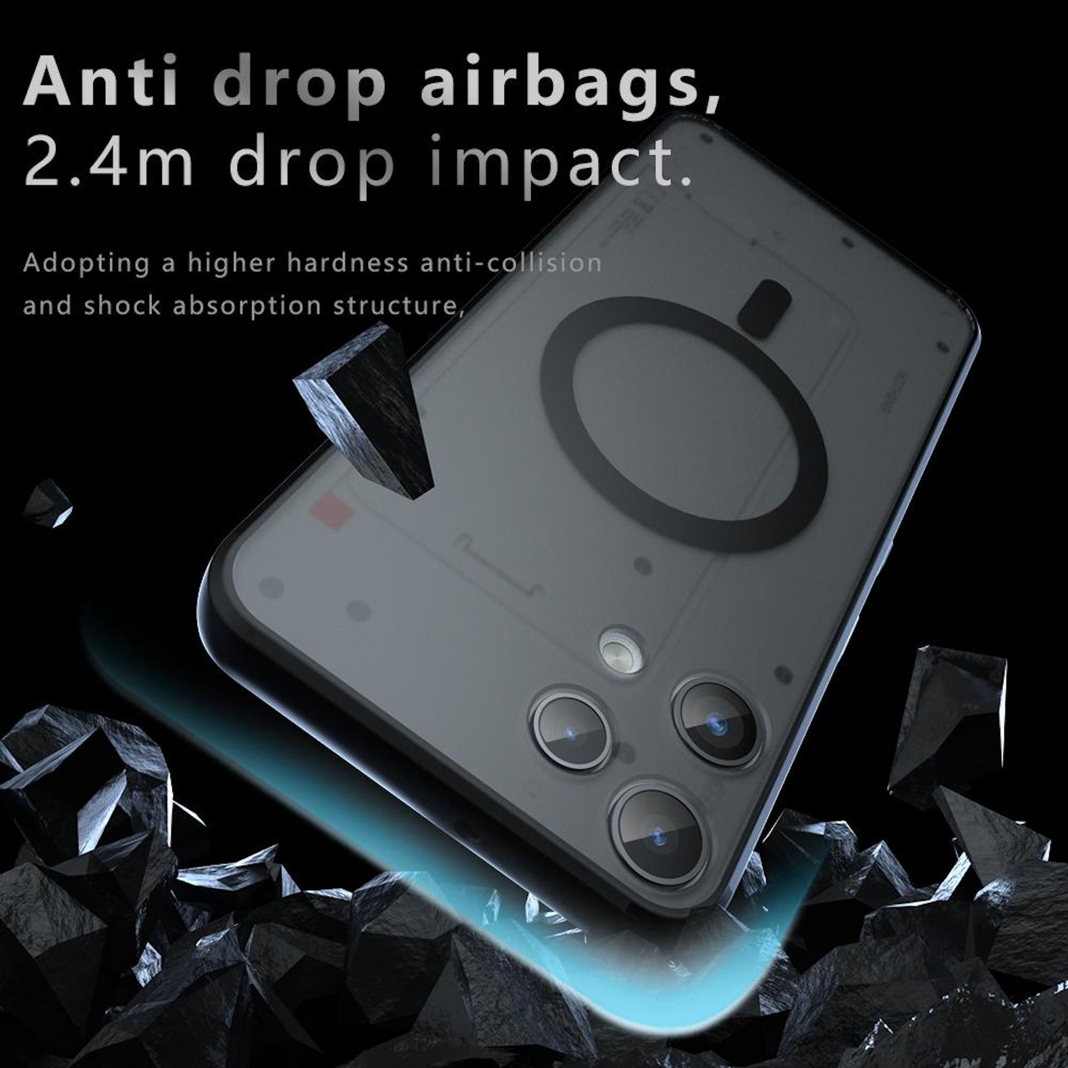Telefon mit Anti-Drop-Airbags, umgeben von dunklen Felsen und blauem Licht.