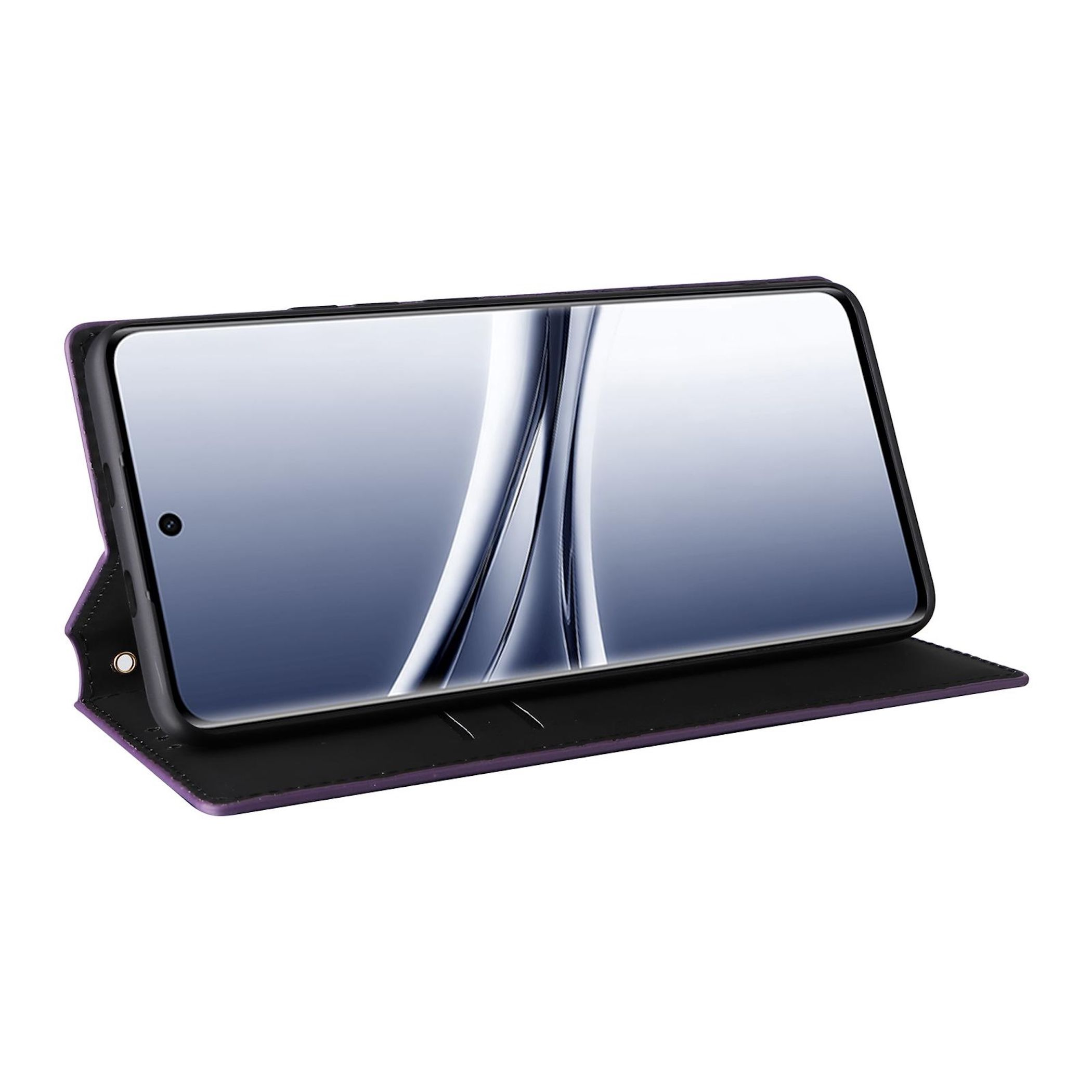 Ein offenes violettes Handycover mit einem Smartphone darin.