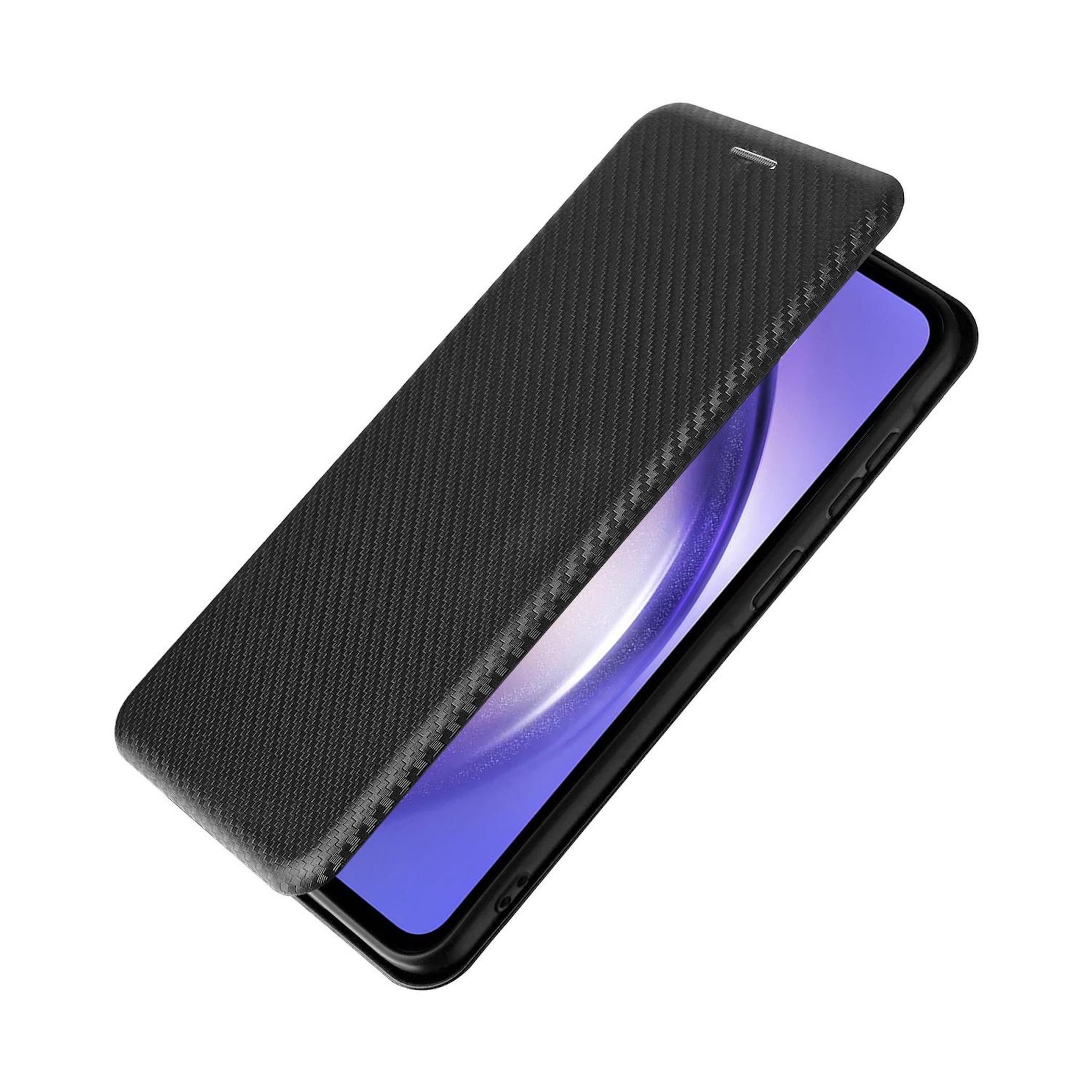Ein schwarzes Handy mit einer aufgeschlagenen Carbon-Hülle.
