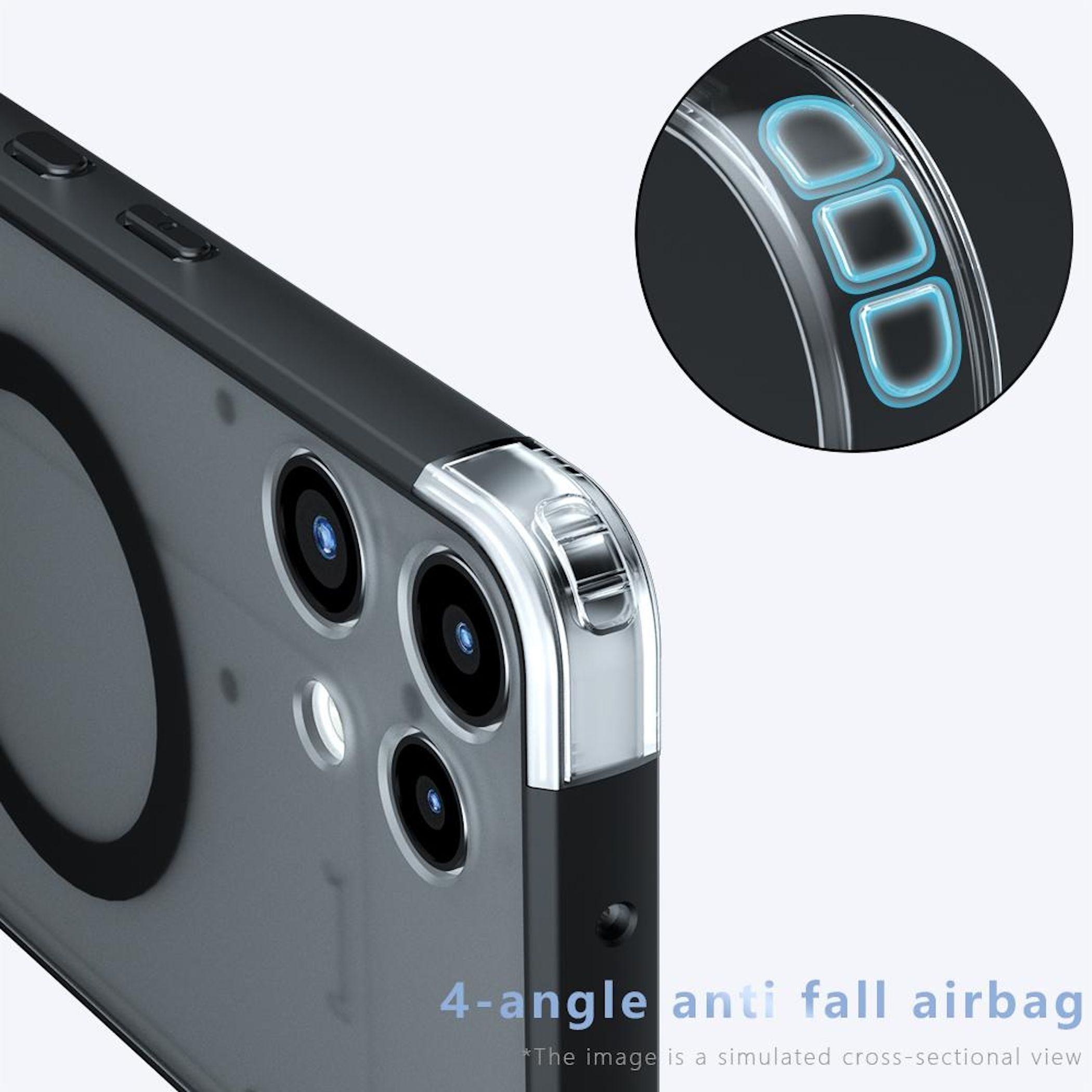 Transparente Handyhülle mit Kameraobjektiven und blauen airbag-ähnlichen Ecken.