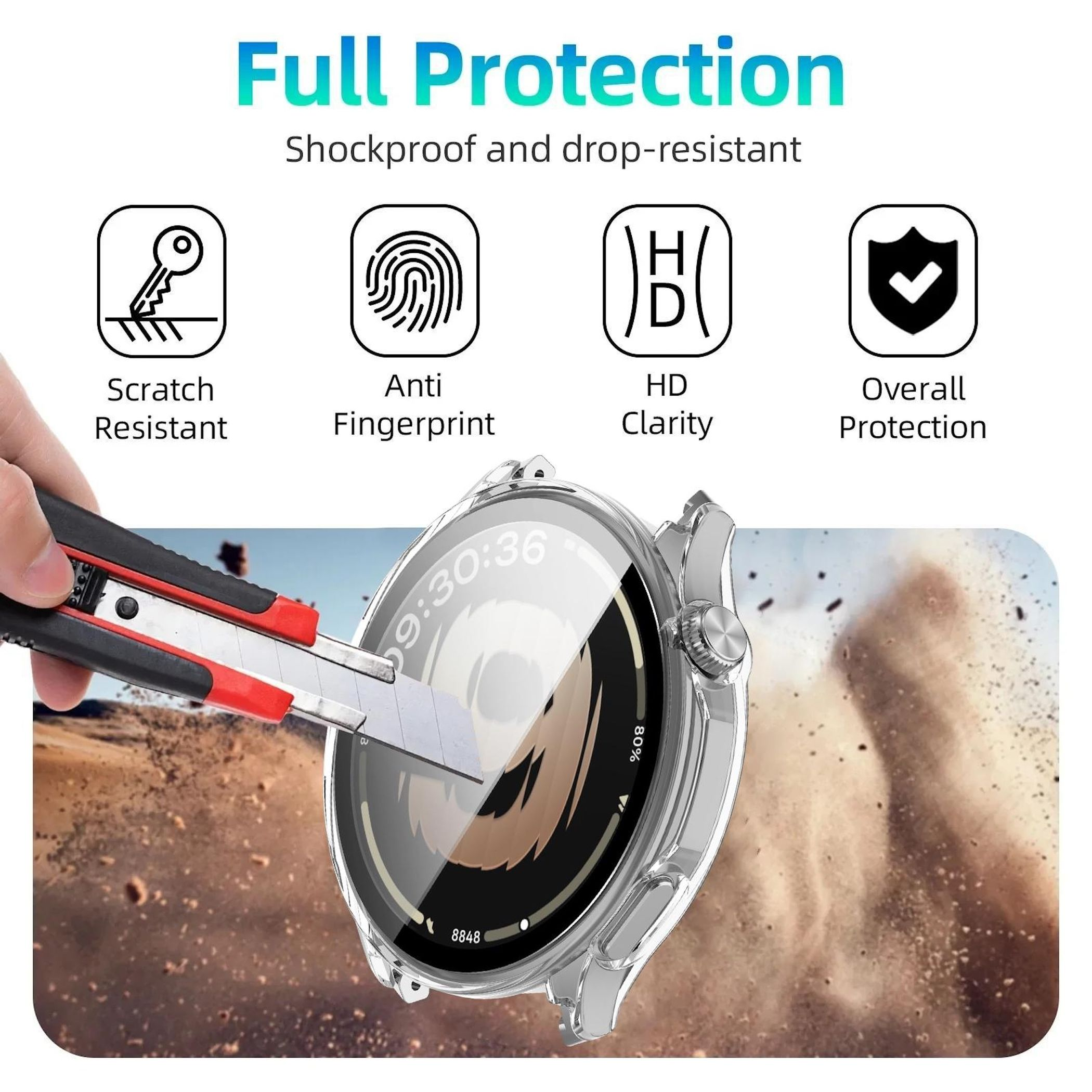 Un taglierino si avvicina a una protezione trasparente per orologio. "Full Protection".
