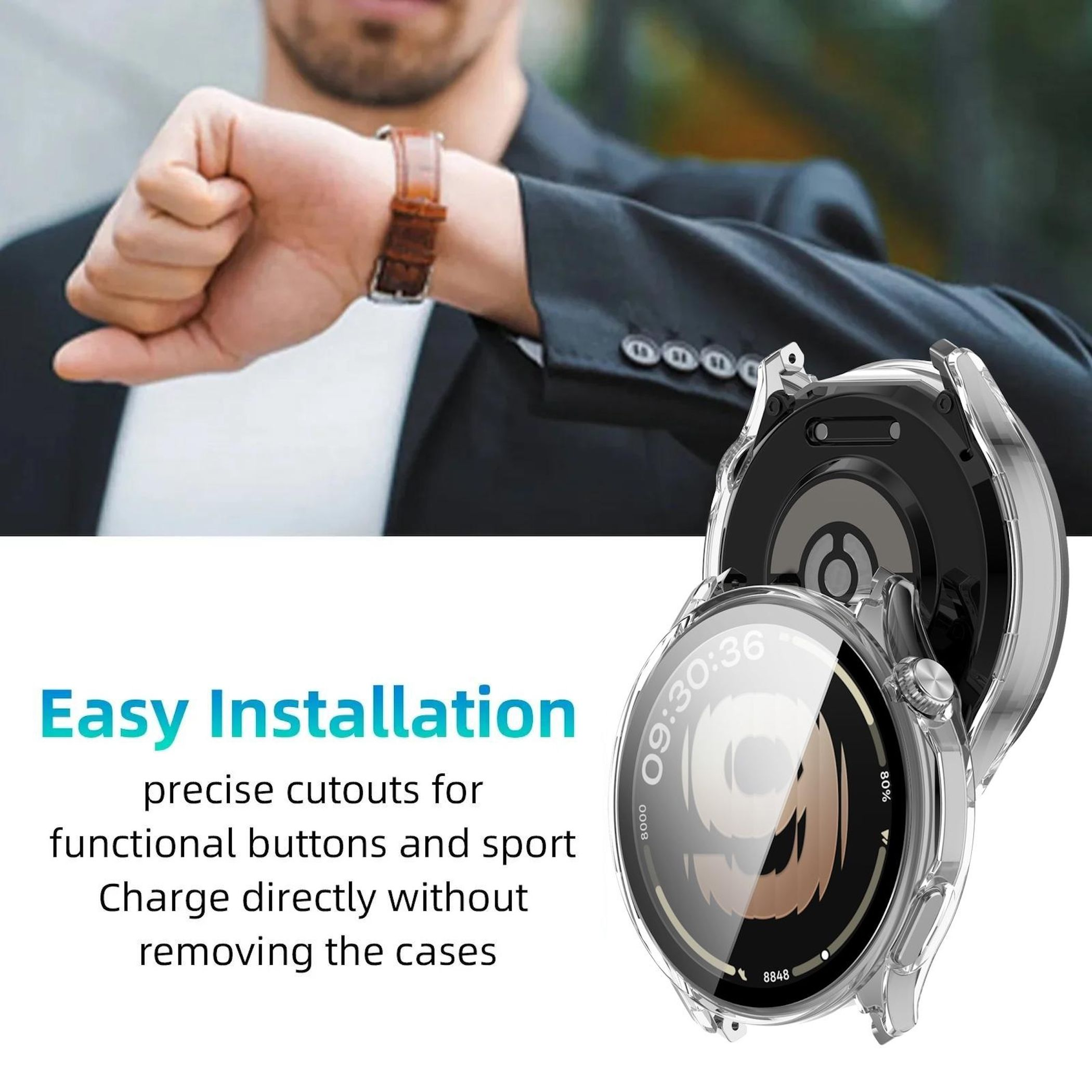 Uomo con orologio e custodia protettiva trasparente per smartwatch.