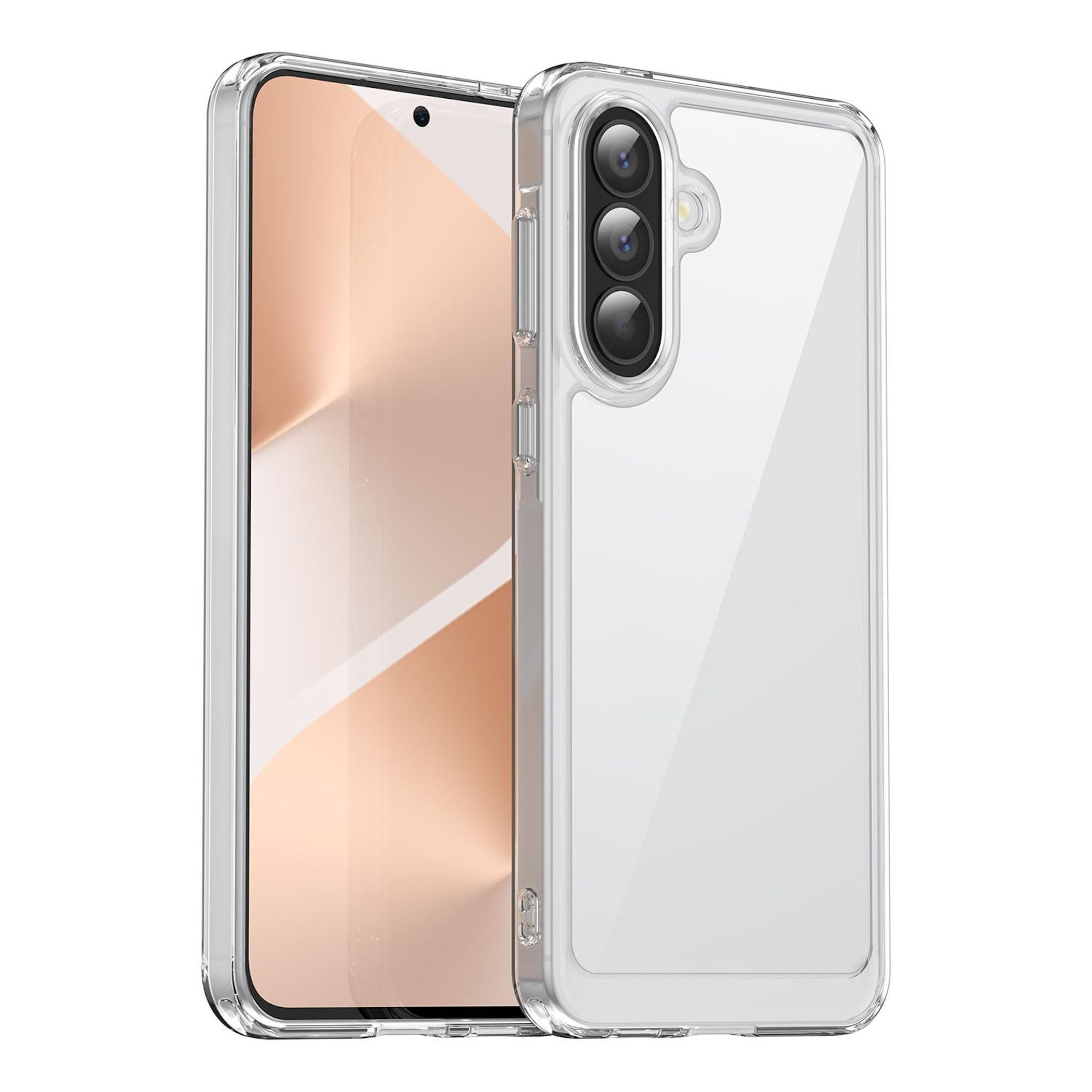 Ein durchsichtiges Handyhülle liegt neben einem Smartphone mit drei Kameras.