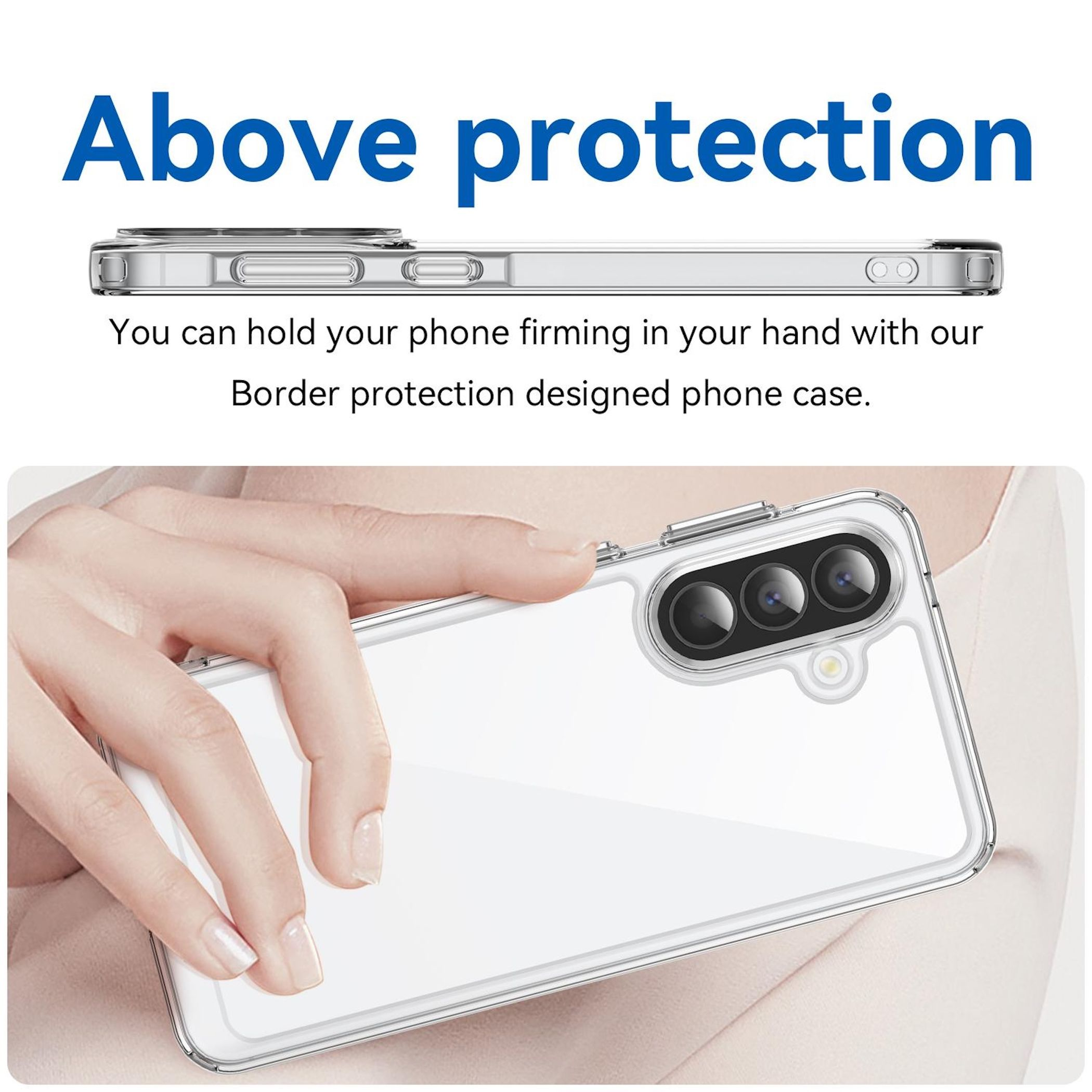Eine Hand hält ein transparentes Handyhülle mit einer dreifachen Kameralinse.