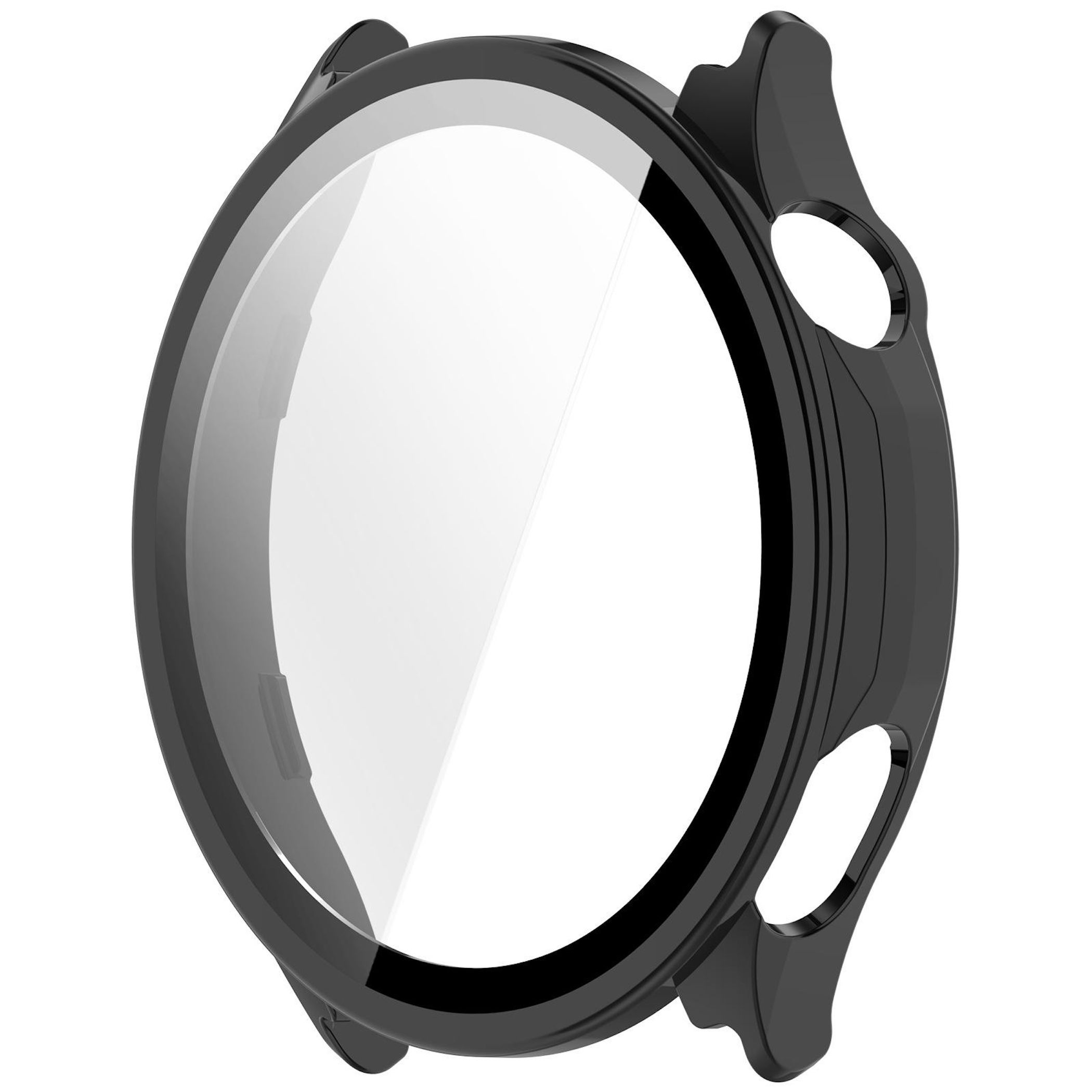 Custodia protettiva nera per smartwatch con copri schermo trasparente.
