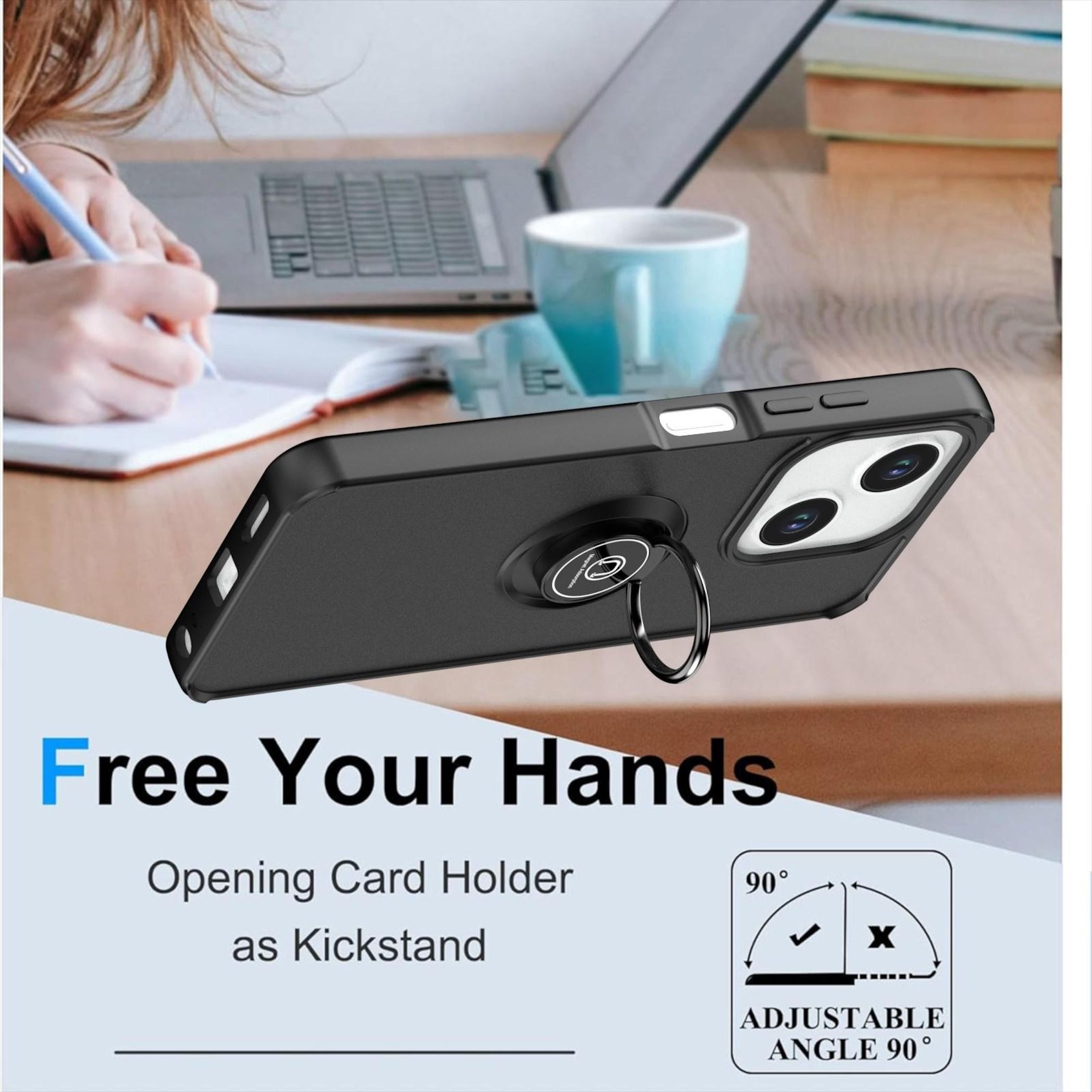 Schwarze Handyhülle mit Ringhalter, die als Ständer dient.