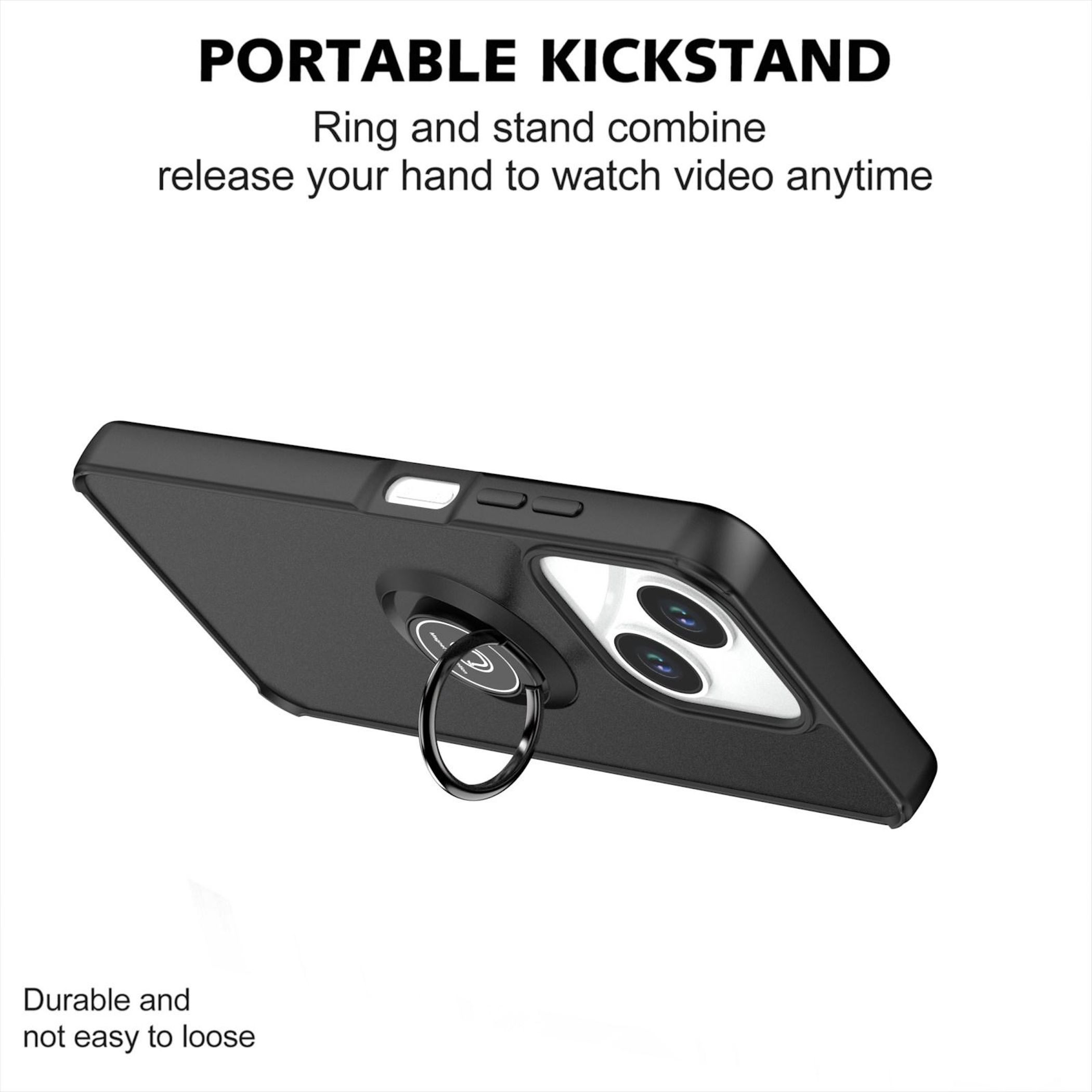 Schwarze Handyhülle mit Ringständer, ideal zum freihändigen Ansehen von Videos.