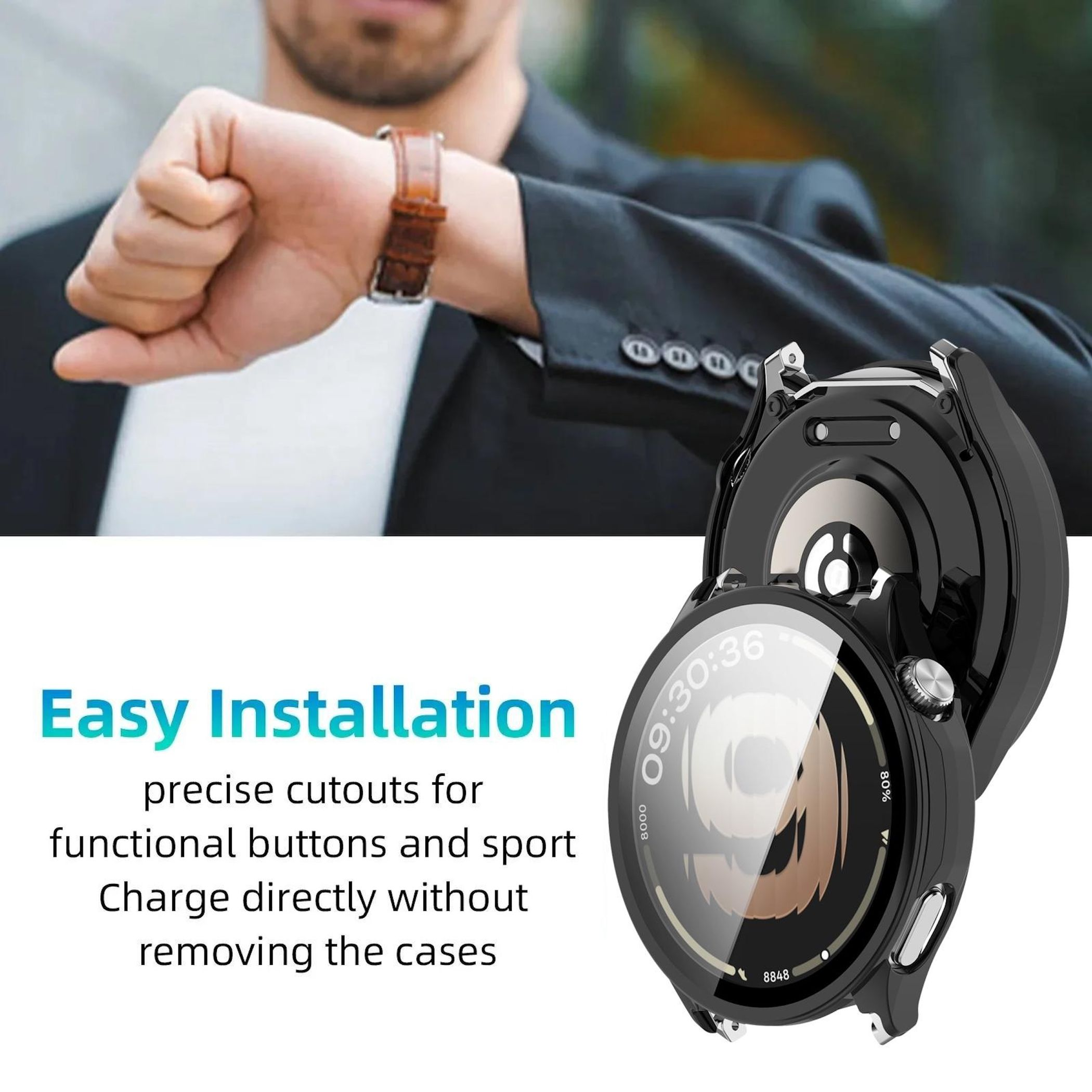 Uomo controlla l'orologio. Custodia nera per smartwatch mostrata, con testo Installazione Facile.