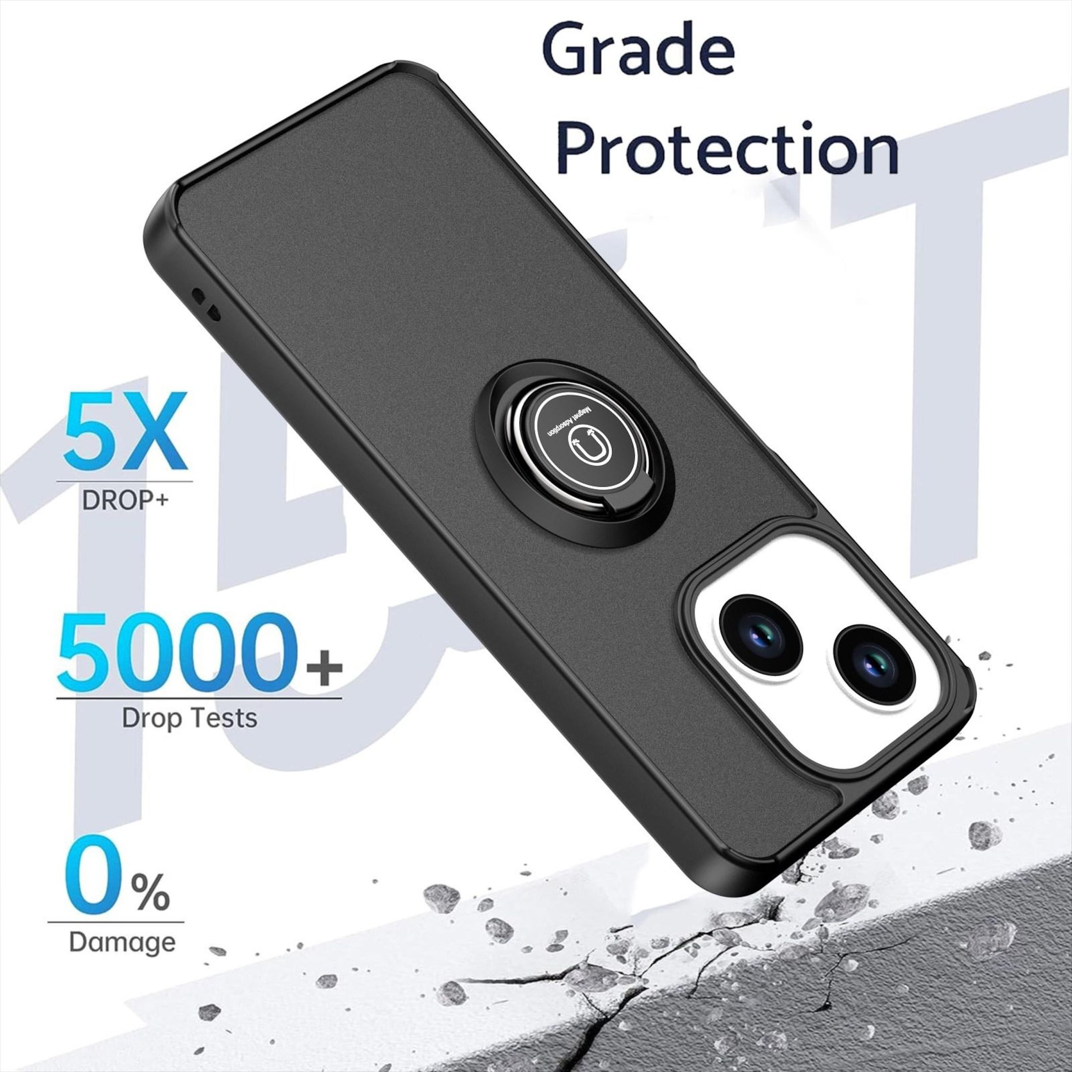 Schwarze Handyhülle mit Magnetring, "5X Drop+" und "5000+ Drop Tests".