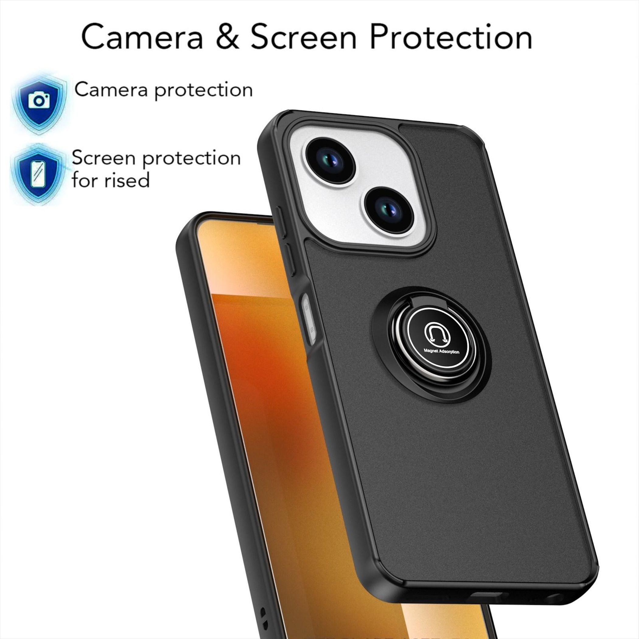 Schwarze Handyhülle mit Ringhalterung und Kameraschutz auf einem Smartphone.