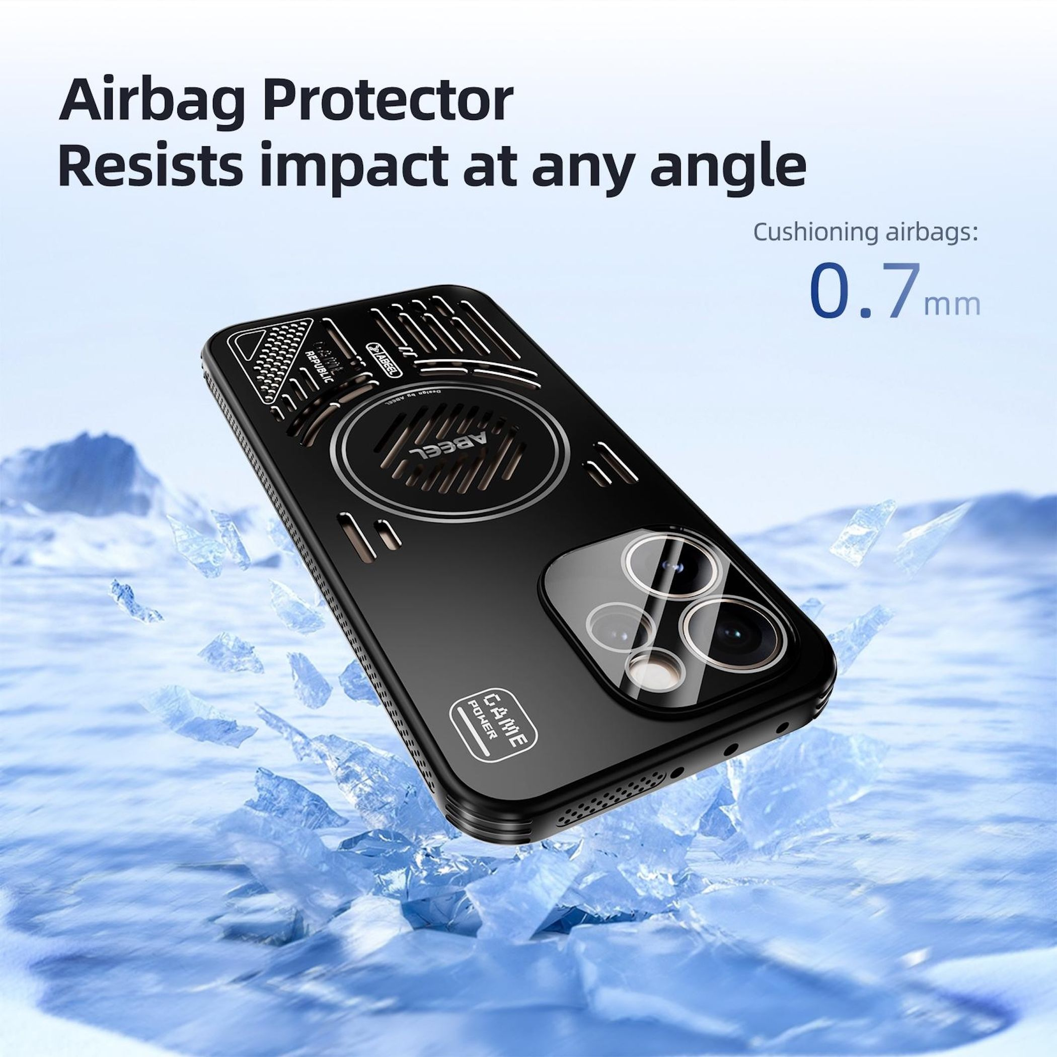 Schwarzes Handyhülle mit Airbag-Schutz auf Eis.