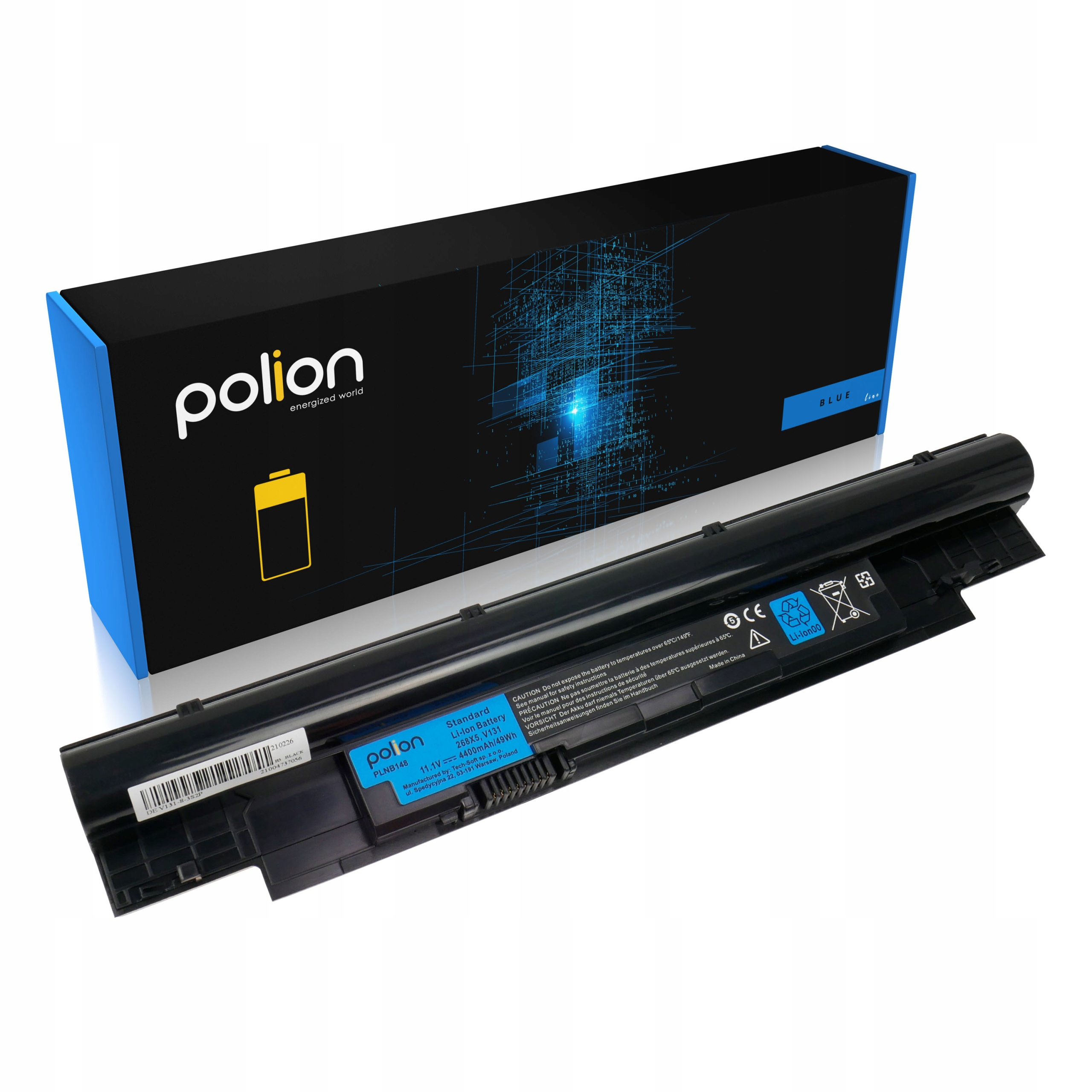 Czarna bateria do laptopa Polion leży obok opakowania z cyfrowym wzorem.