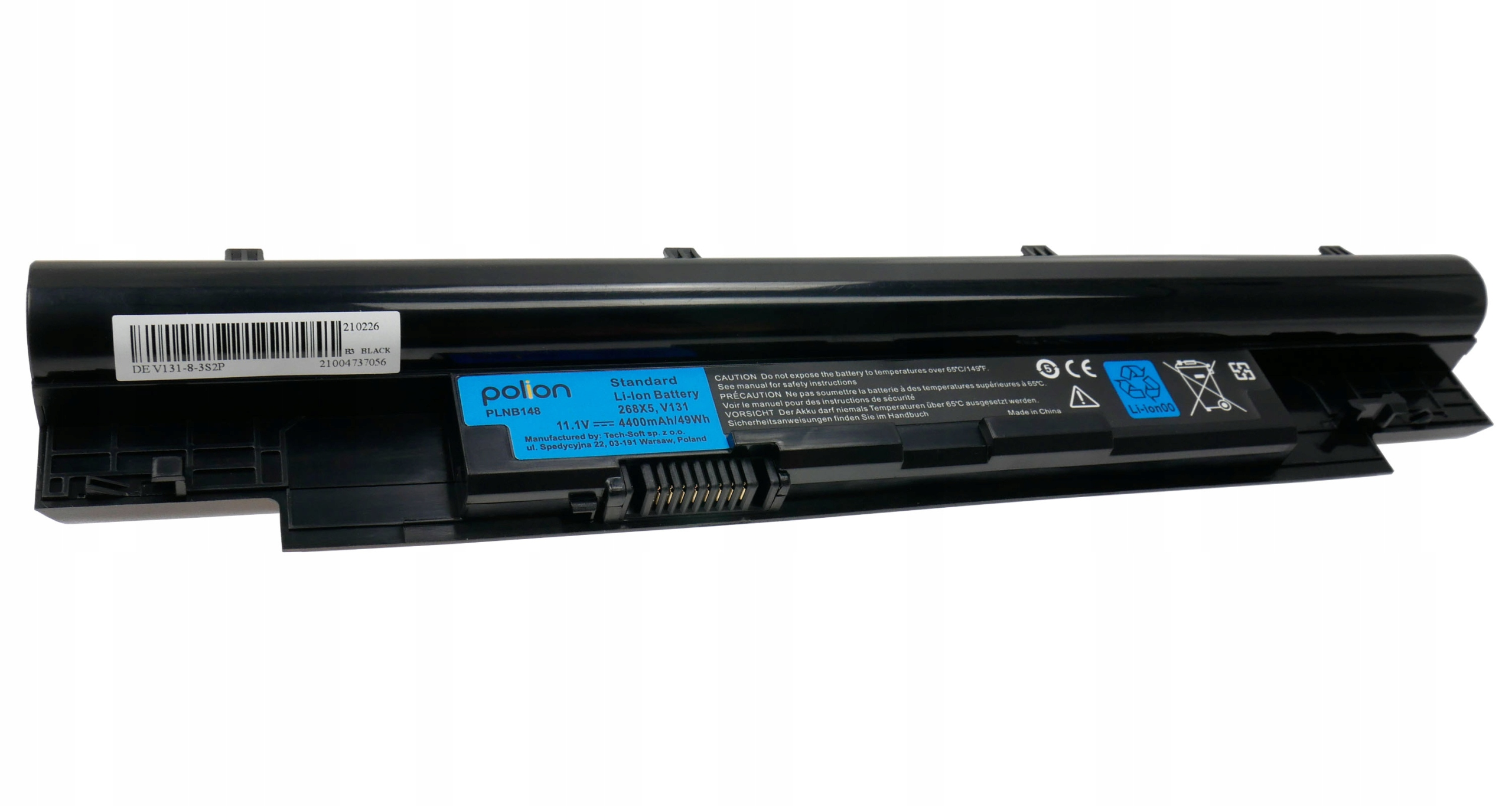 Czarna bateria litowo-jonowa z etykietą i ostrzeżeniami. 11.1V, 4400mAh.