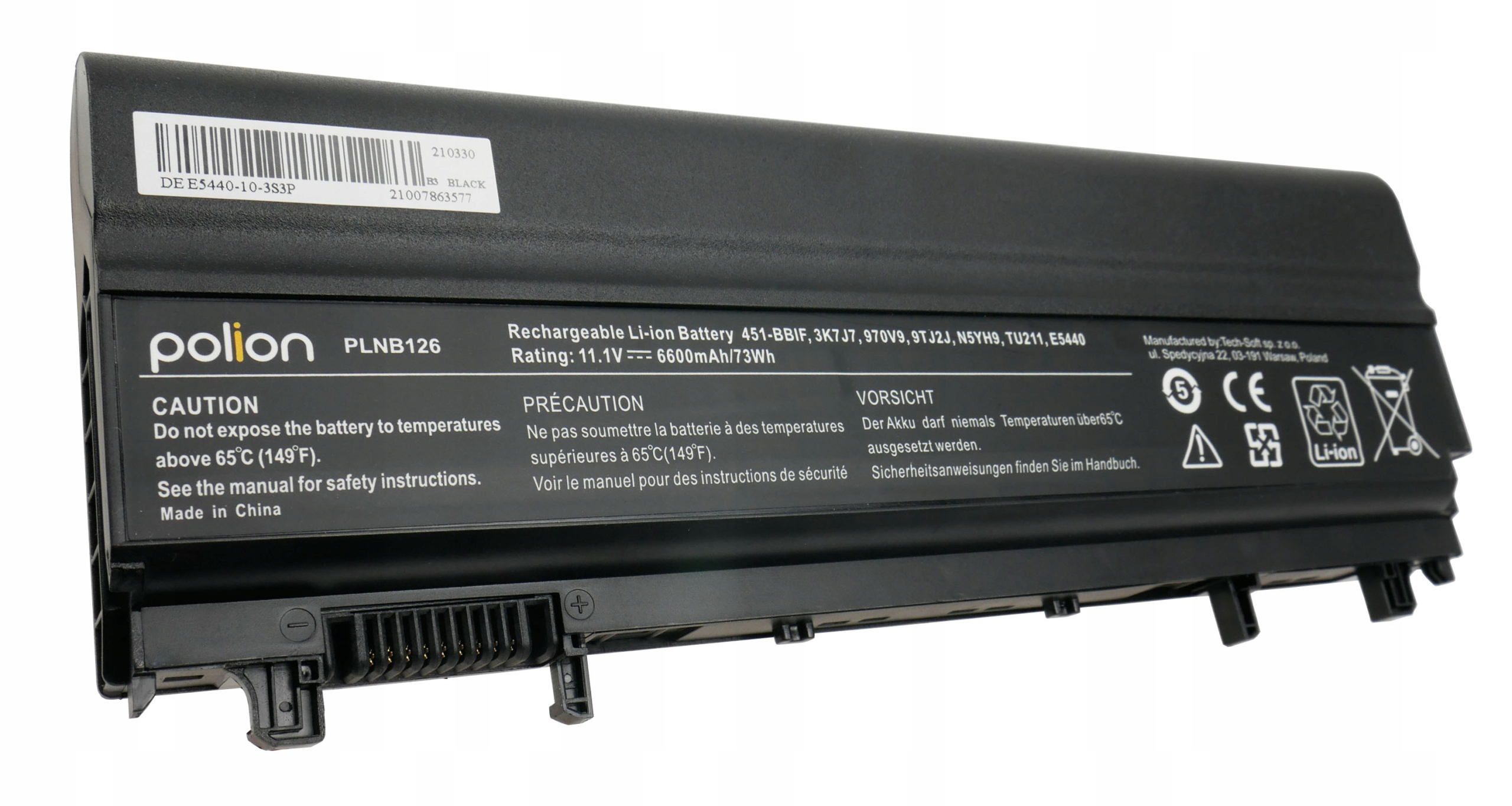 Czarna bateria do laptopa z etykietami: Polion, PLNB126, Ostrożnie, Li-ion.