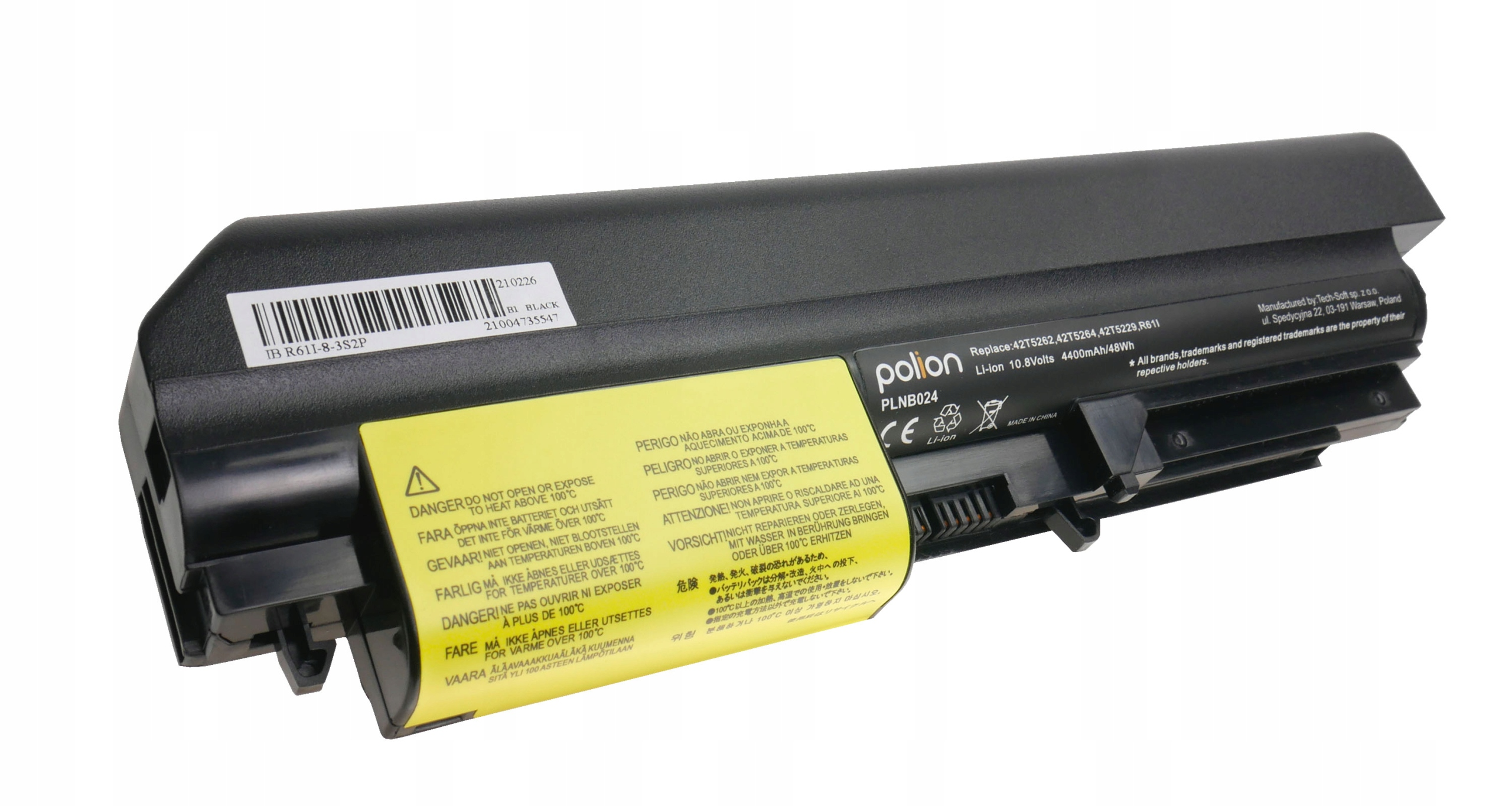 Czarny akumulator Li-ion z żółtą etykietą ostrzegawczą i napisami.