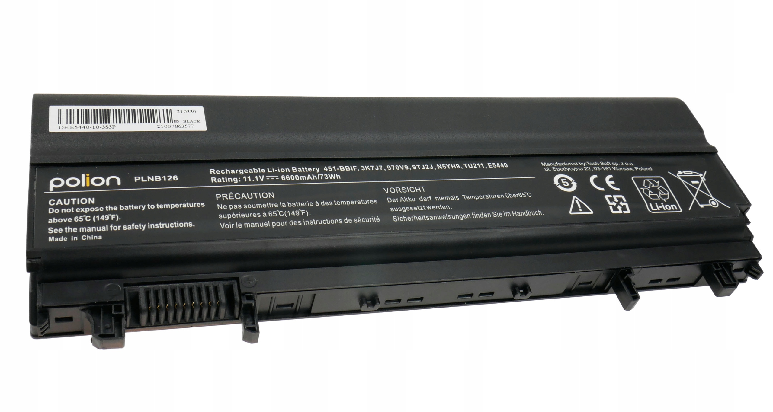 Czarna bateria litowo-jonowa Polion PLNB126 ze złączami i etykietami ostrzegawczymi.