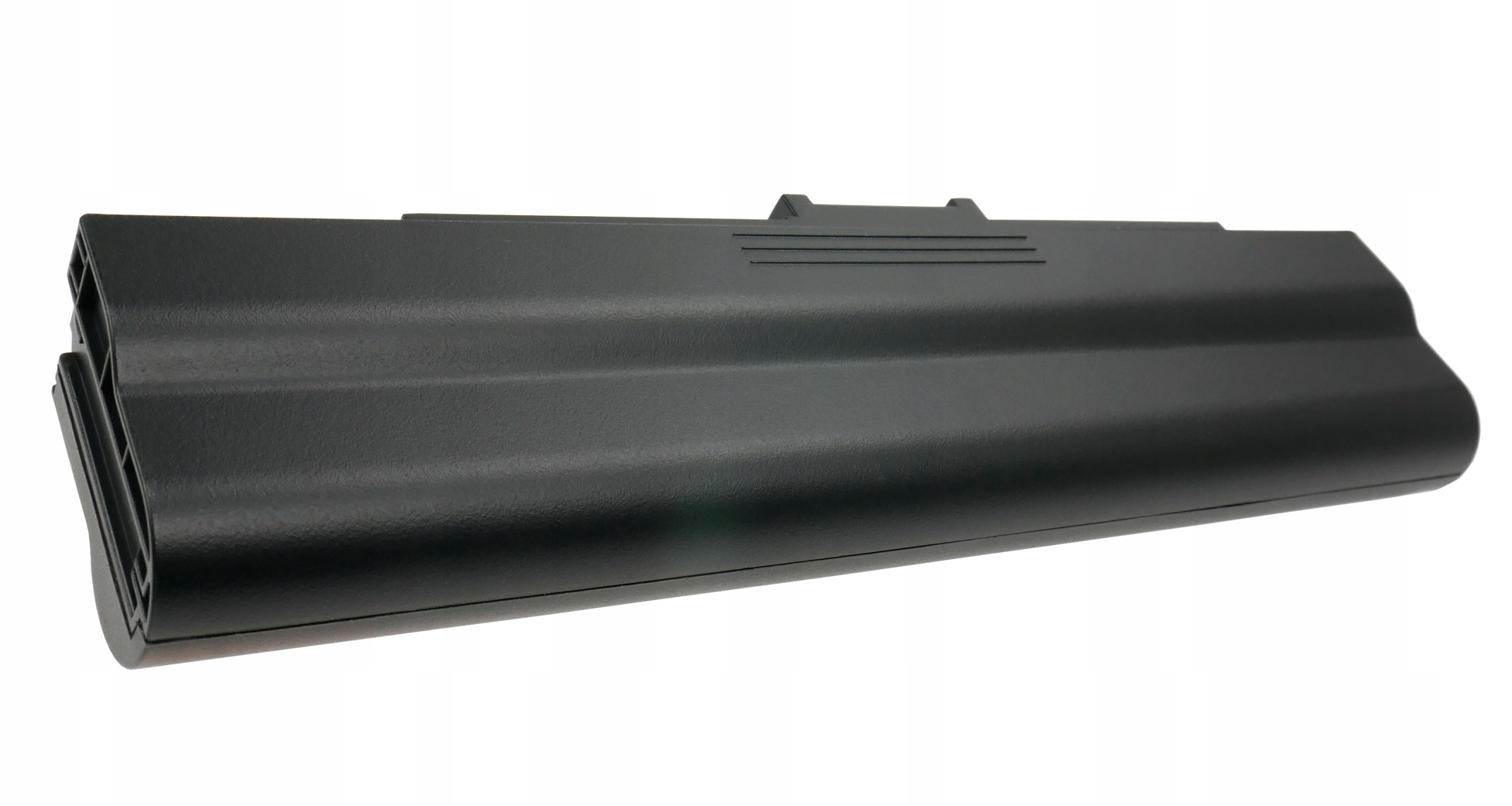 Czarna bateria do laptopa z żebrami i mechanizmem zatrzaskowym.