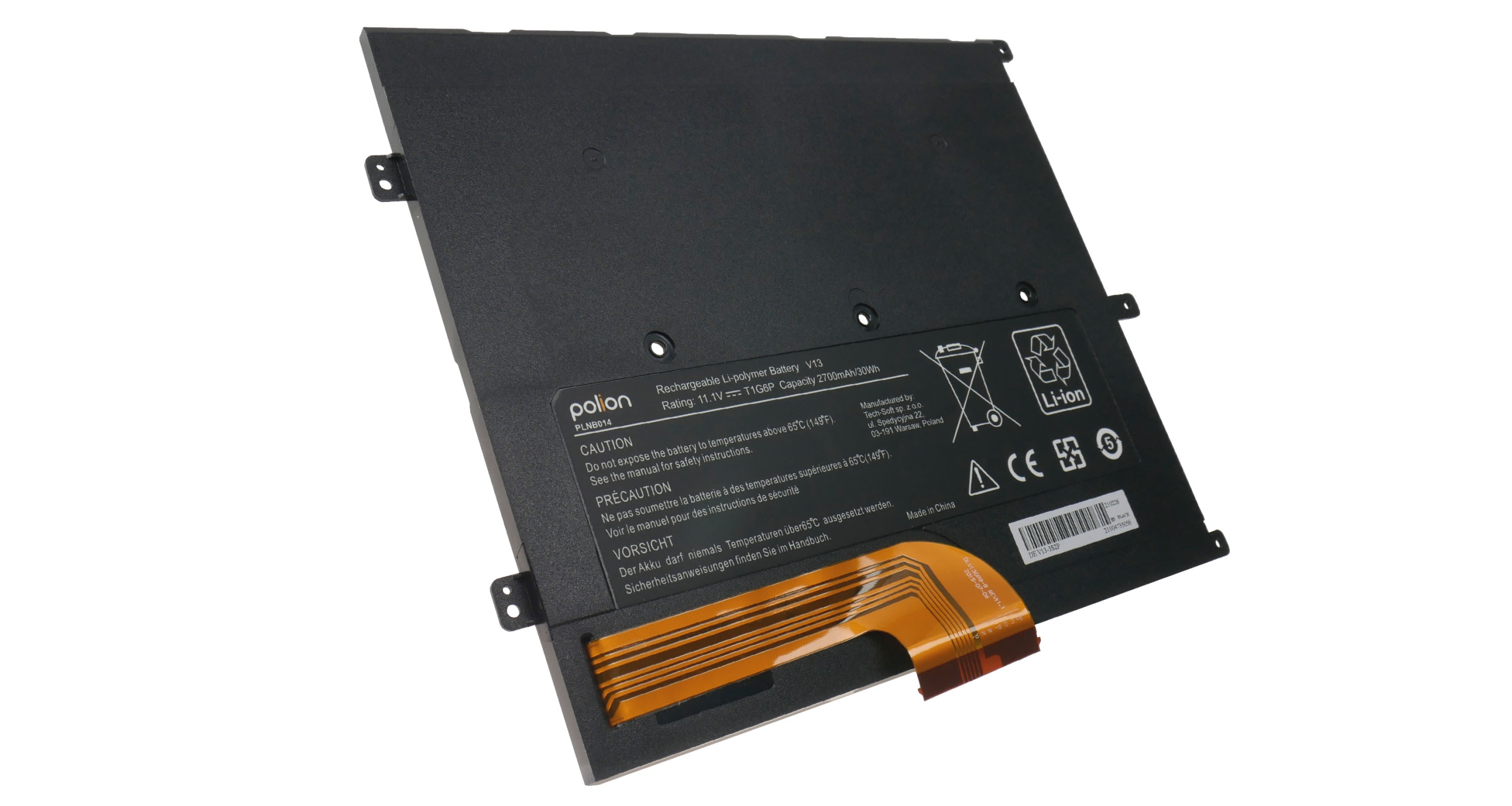 Czarna bateria litowo-polimerowa z taśmą i etykietami.